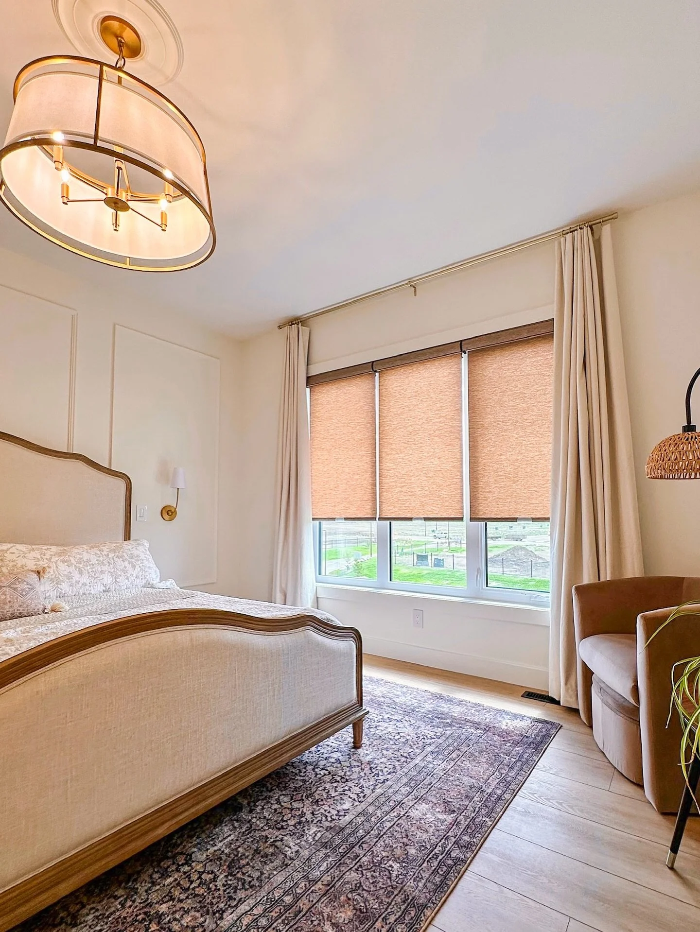 Roller blinds are a perfect solution for bedrooms, offering privacy, clean lines and customizable light filtering or blackout options

With these Warm tones-it gives the space a much more comfortable feel. 

You can also upgrade to a Powerwand option