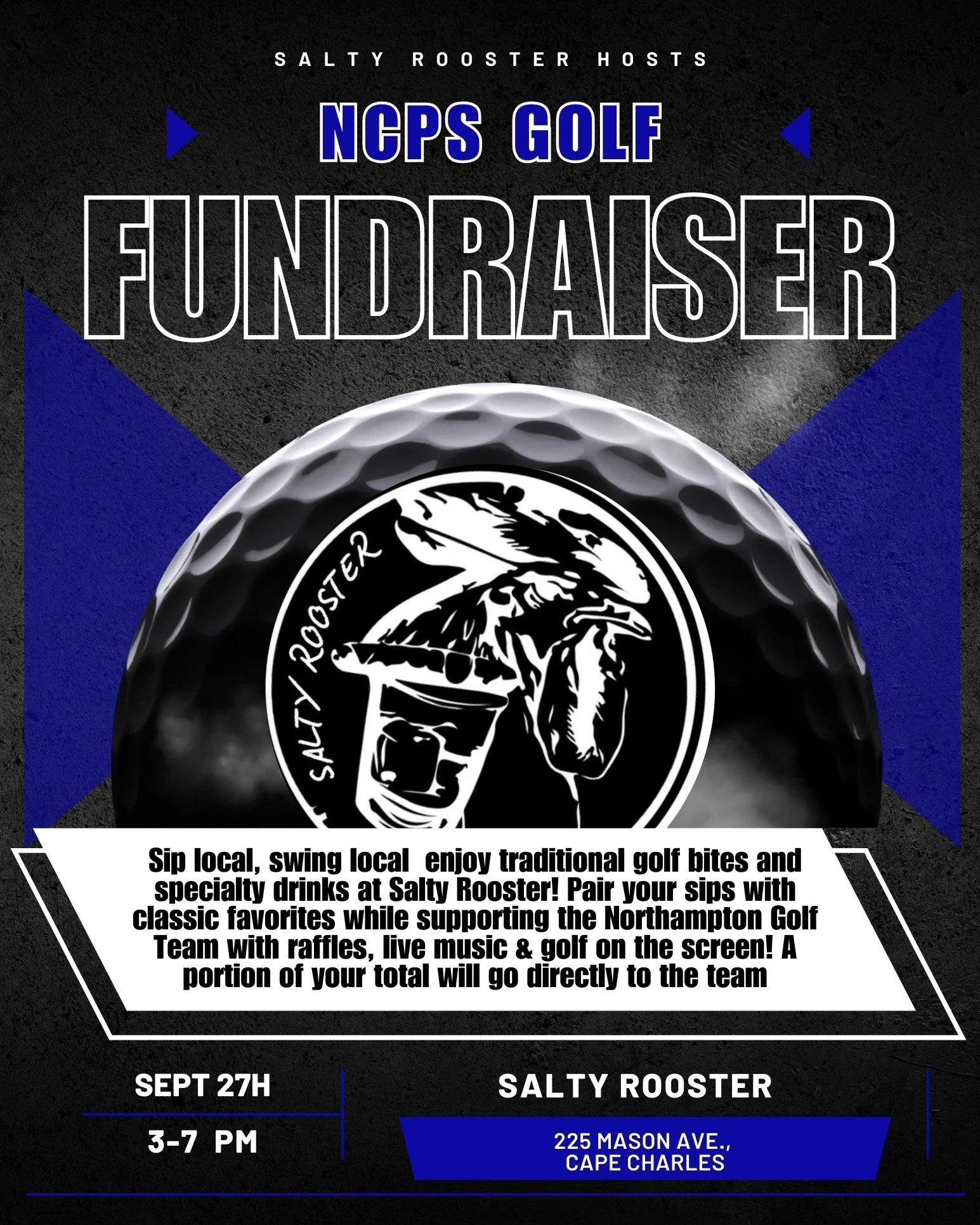 Trying to figure out what to do next Saturday night, 9/27?  Why don't you come out to the @salty_rooster_cc at the Cape Charles Distillery from 3:00 - 7:00 and support the Northampton High School Golf Team.

There will be golf themed drinks and snack