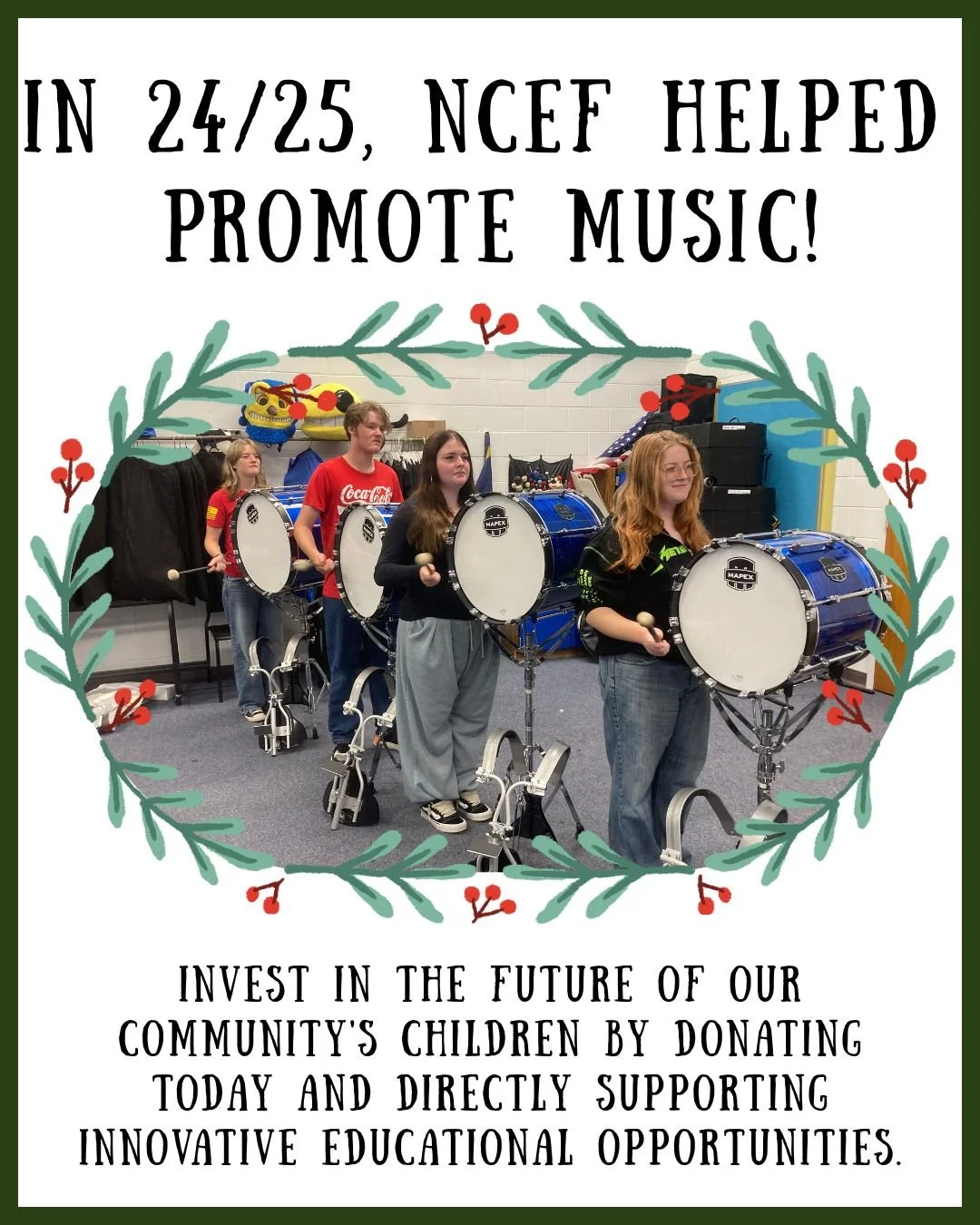 Did you know that in the 2024/25 school year, NCEF provided funds to enhance the Northampton Bands drum line?

Please consider make a donation during our Season of Giving Campaign.  Your generosity helps us support local students, empower teachers, a