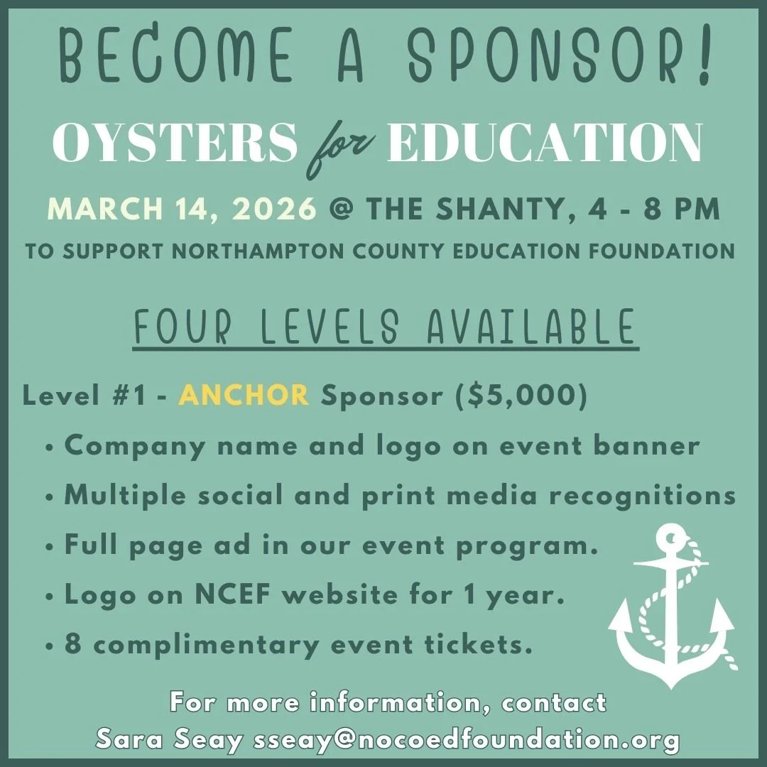 📣 Calling All Local Businesses! 🦪🎓

Looking for a fun, meaningful way to support our community? Become a sponsor for Oysters for Education, the Northampton County Education Foundation&rsquo;s annual oyster roast and BBQ benefiting our local school