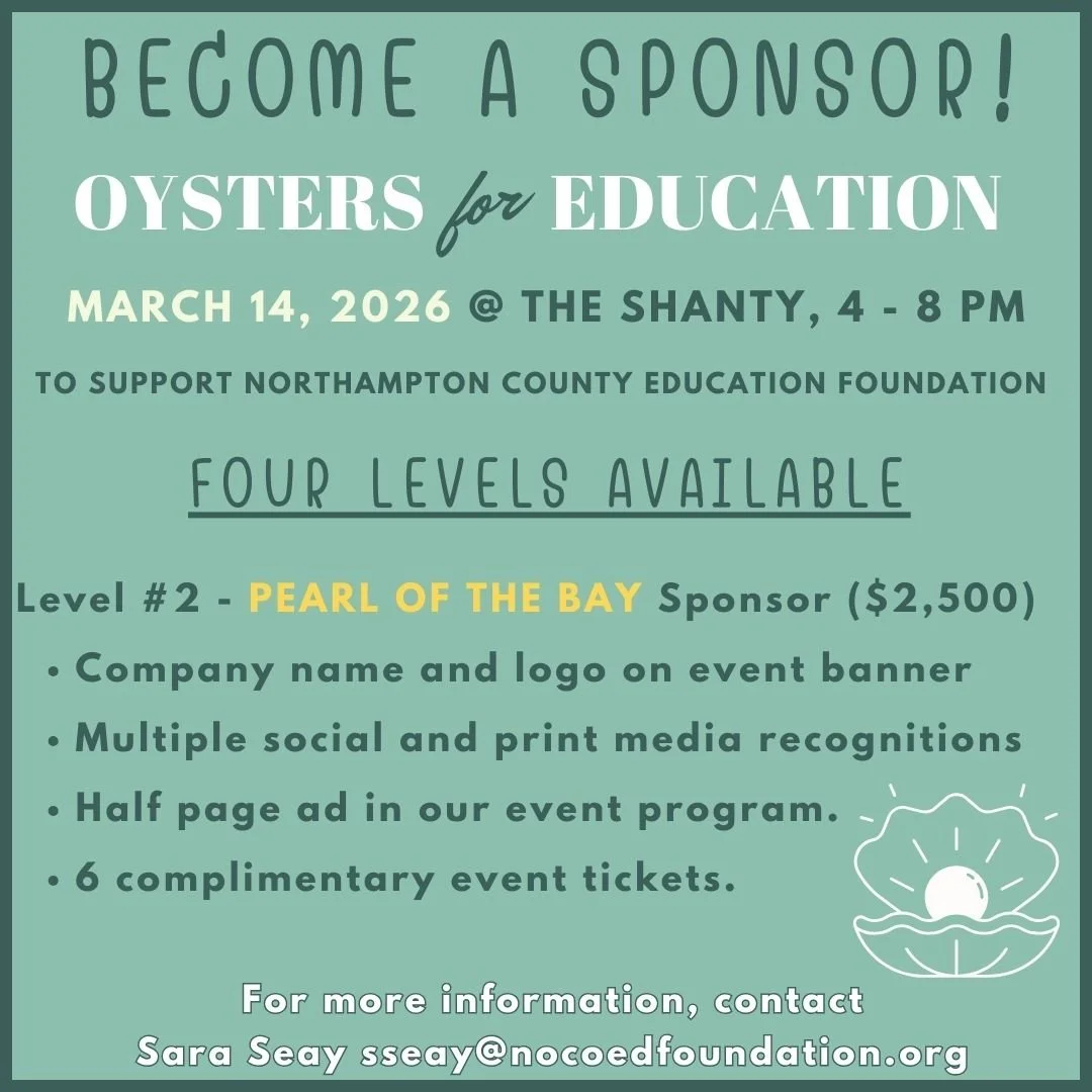 📣 Calling All Local Businesses! 🦪🎓

Looking for a fun, meaningful way to support our community? Become a sponsor for Oysters for Education, the Northampton County Education Foundation&rsquo;s annual oyster roast and BBQ benefiting our local school