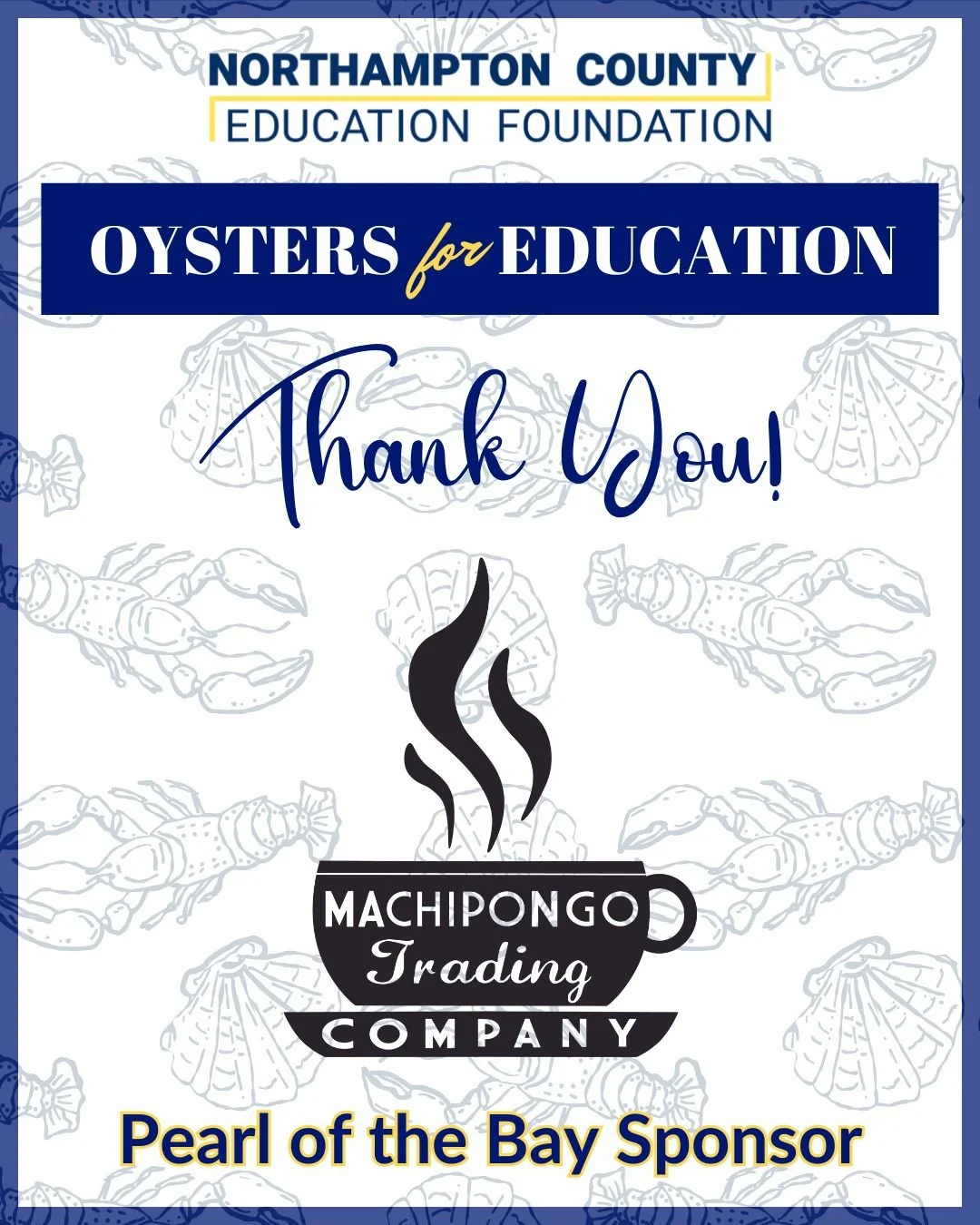 🌟 Thank You, MTC! 🌟

We are so grateful to Machipongo Trading Company  for being a Pearl of the Bay Sponsor for Oysters for Education!

Your generous support helps strengthen educational opportunities for our students and makes this event possible.