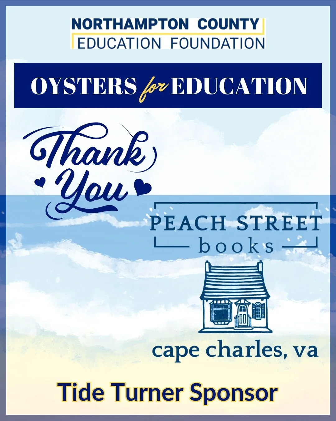 🦪💎 A big THANK YOU to Peach Street Books, a Tide Turner Sponsor for Oysters for Education!

Your support makes a real difference for local students and schools. We&rsquo;re so thankful to have you as part of this special event! 💙

For information 