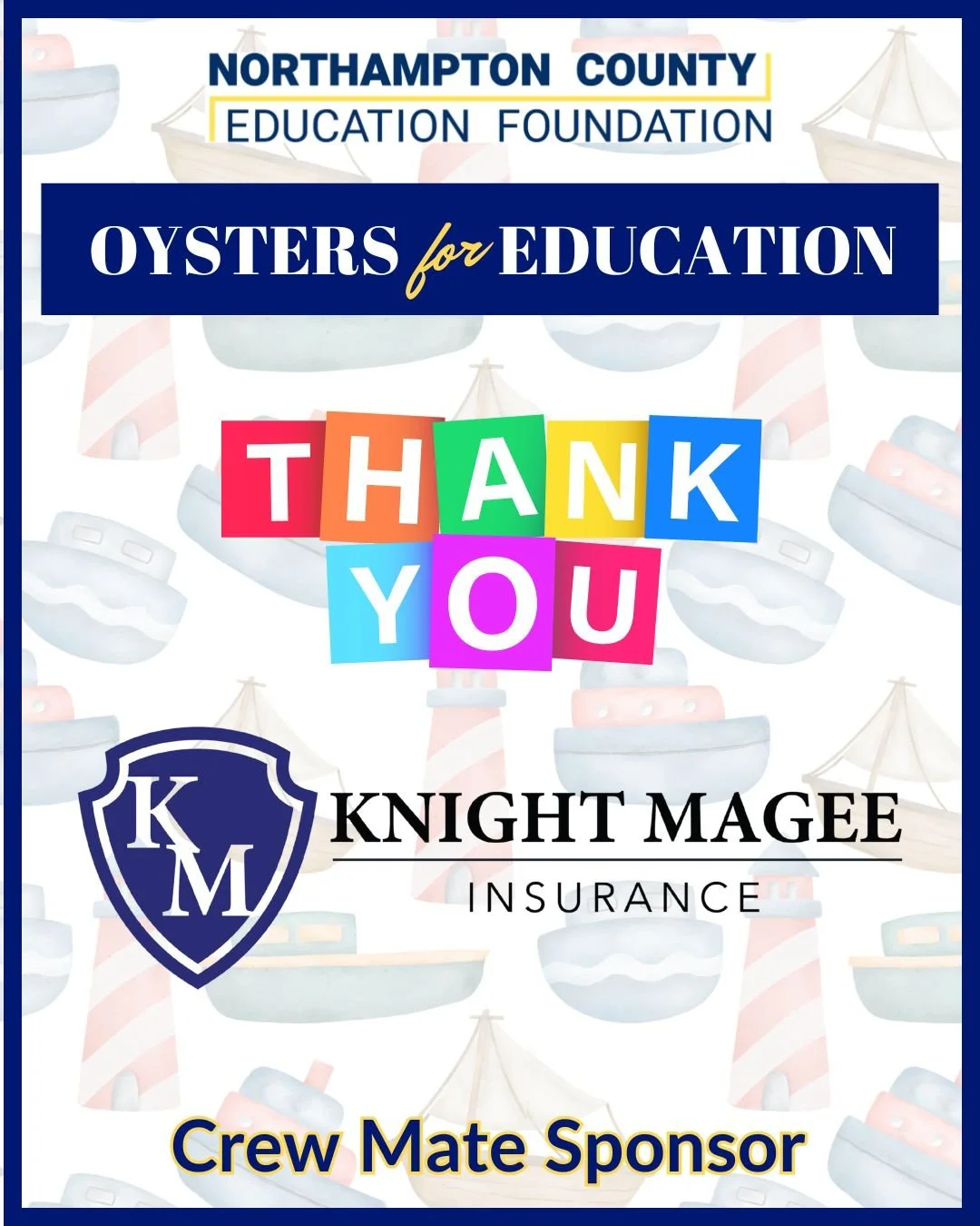 🌟 Thank You, Knight Magee Insurance! 🌟

We are so grateful to @knightmageeinsurance  for being a Crew Mate Sponsor for Oysters for Education!

Your generous support helps strengthen educational opportunities for our students and makes this event po