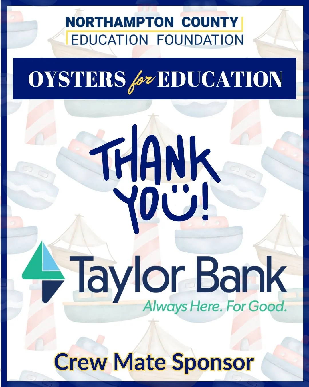 🌟 Thank You, Taylor Bank! 🌟

We are so grateful to @taylorbankforgood for being a Crew Mate Sponsor for Oysters for Education!

Your generous support helps strengthen educational opportunities for our students and makes this event possible. We trul