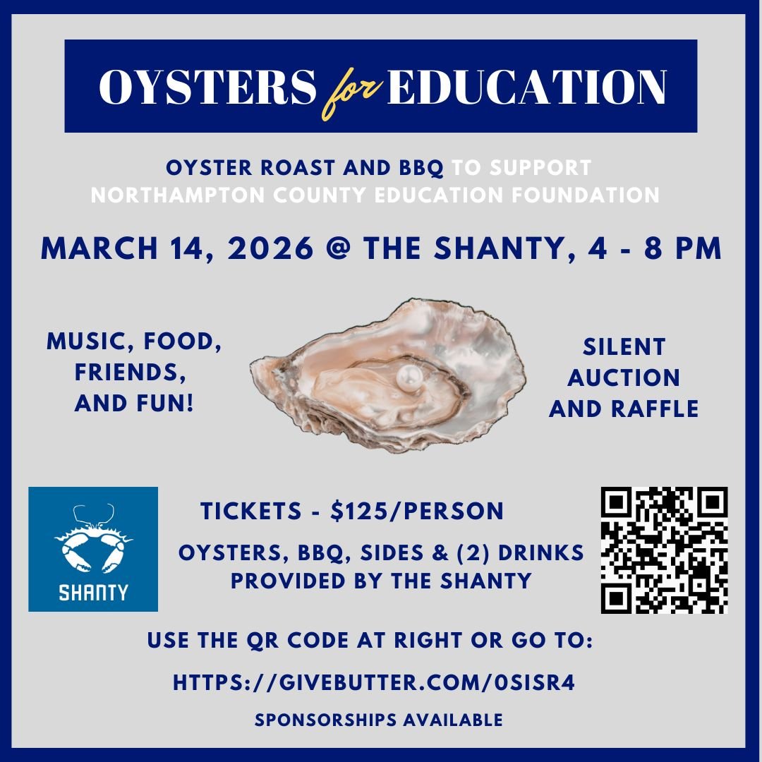 🦪🎉 3rd Annual Oysters for Education 🎉🦪

Join us at The Shanty on Saturday, March 14th, from 4&ndash;8 PM for an evening of delicious oysters, great BBQ, music, and community fun &mdash; all in support of local students!

Every ticket helps the No