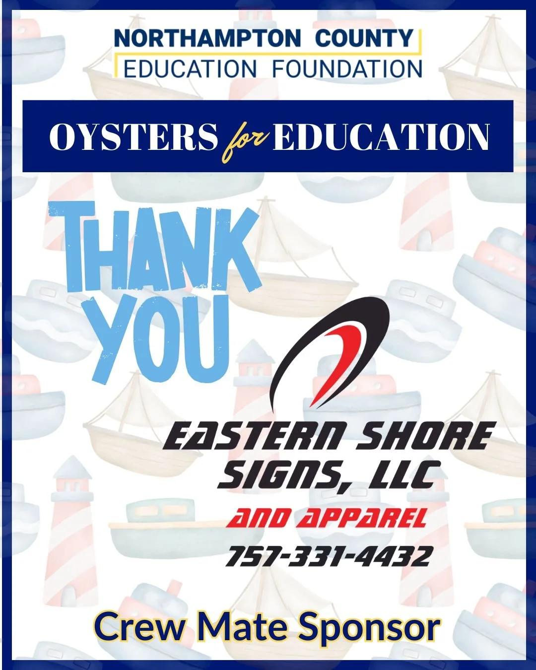 🦪💎 Sponsor Spotlight: Eastern Shore Signs

Huge thanks to @essignsllc, a Crew Mate Sponsor for Oysters for Education!

Your support helps make a difference for local students and schools 💙

For information on becoming a sponsor or to purchase tick