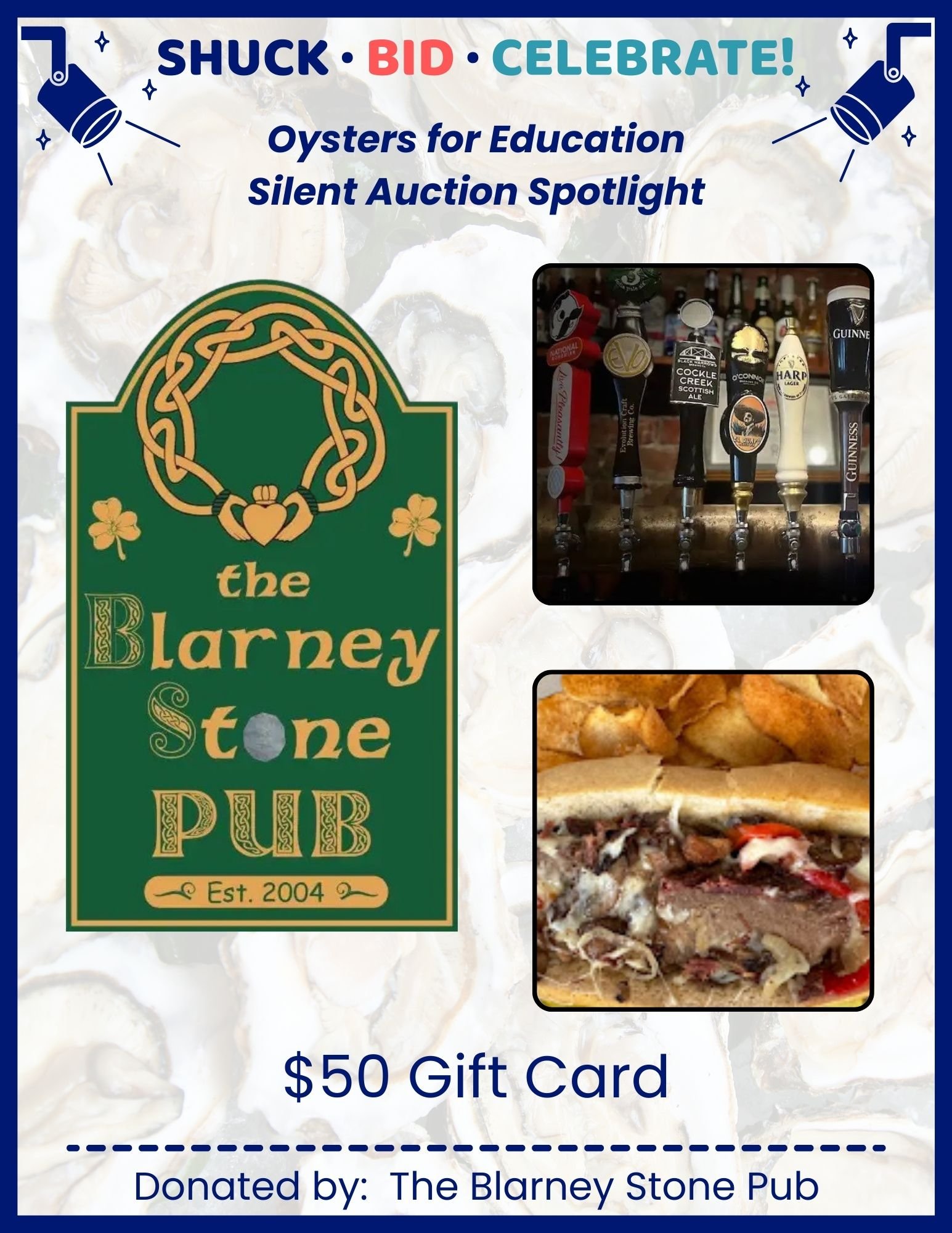 Oysters for Education Silent Auction Spotlight:  @blarneystonepubonancock!

From unique experiences to local treasures and one-of-a-kind finds, there&rsquo;s something for everyone &mdash; and every bid helps support students and teachers in Northamp