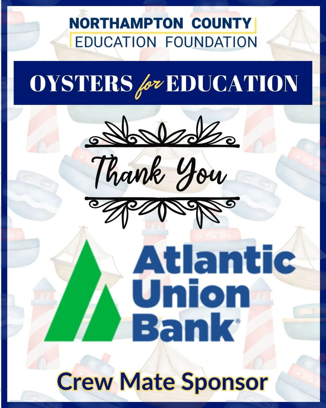 🦪💎 Sponsor Spotlight:  @atlanticunionbank 

Huge thanks to Atlantic Union Bank, a Crew Mate Sponsor for Oysters for Education!

Your support helps make a difference for local students and schools 💙

For information on becoming a sponsor or to purc