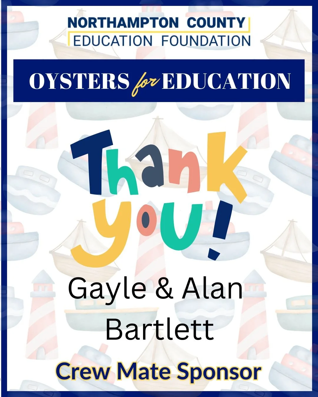 🦪💎 A big THANK YOU to Gayle and Alan Bartlett, Crew Mate Sponsors for Oysters for Education!

Your support makes a real difference for local students and schools. We&rsquo;re so thankful to have you as part of this special event! 💙

For informatio