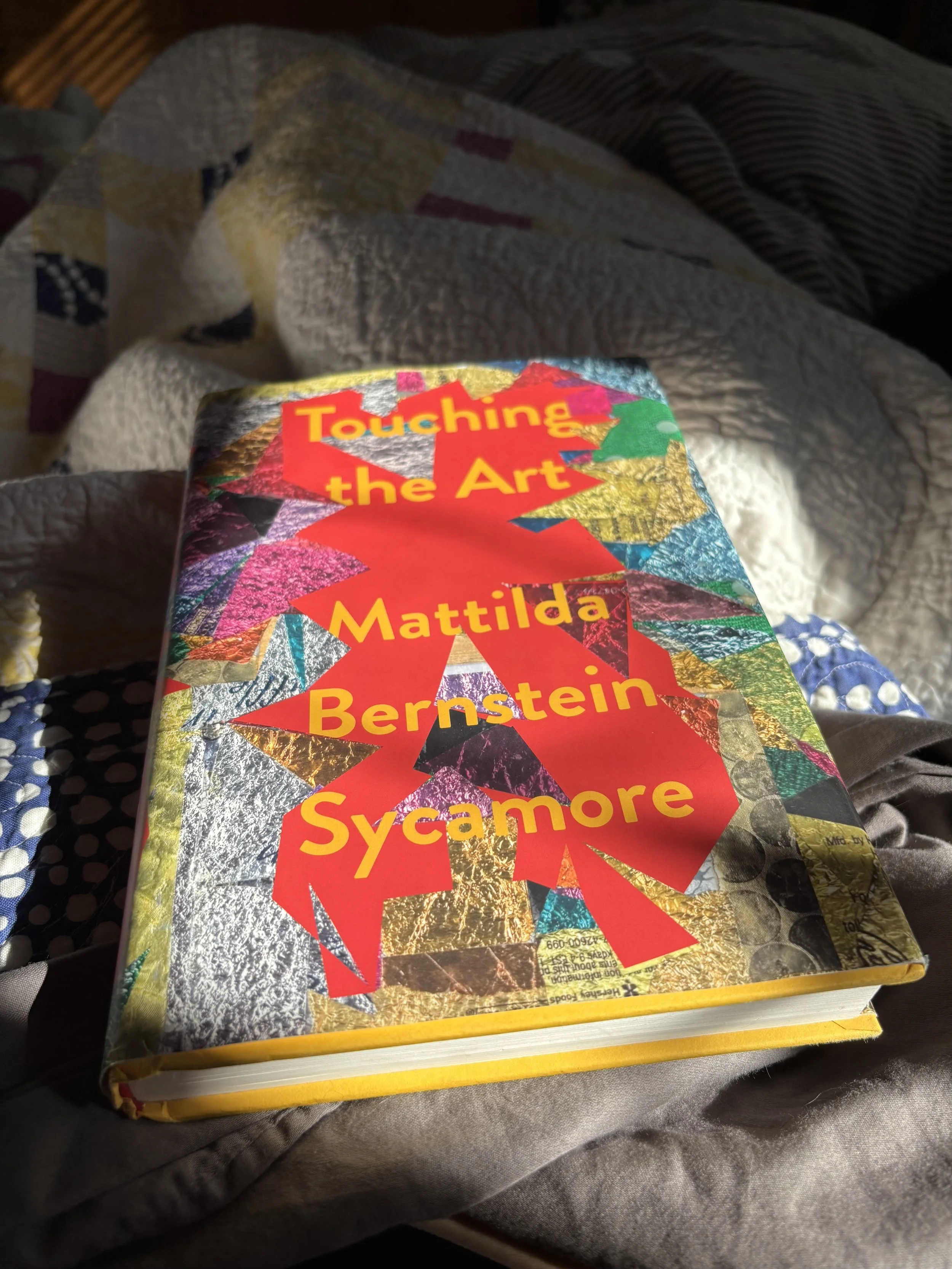A closeup view of a hardcover copy of Touching the Art, whose jacket features a backdrop of collage art by the author's grandmother, Gladys Goldstein is lit by the morning sun 