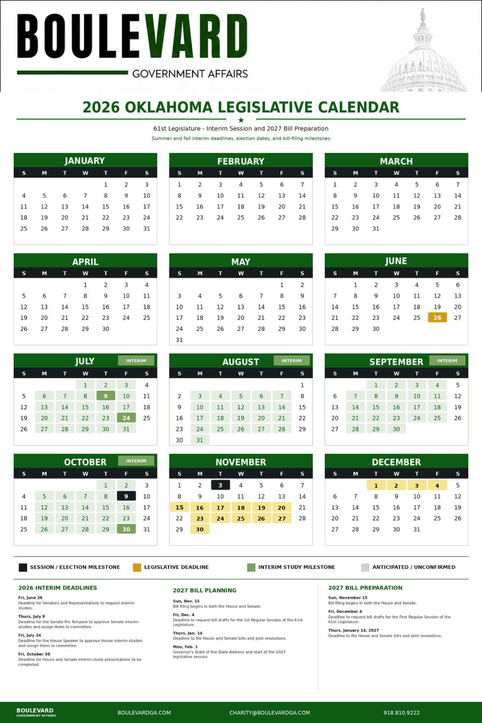 2026 Oklahoma Legislative Summer/Fall Calendar