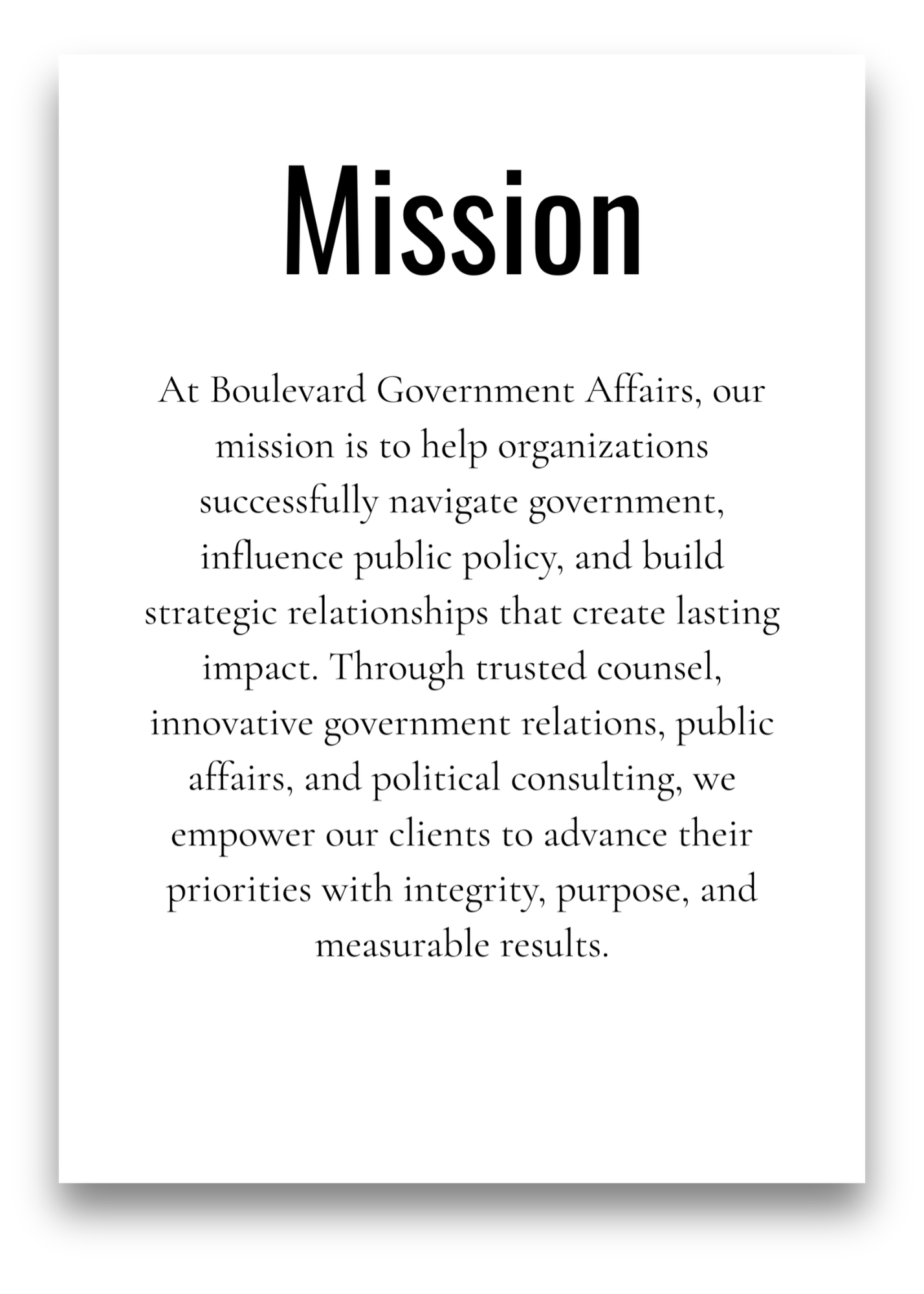 Text document titled 'Mission' describing the organization's goal to help navigate government, influence public policy, and build strategic relationships through trusted counsel, innovation, and integrity.