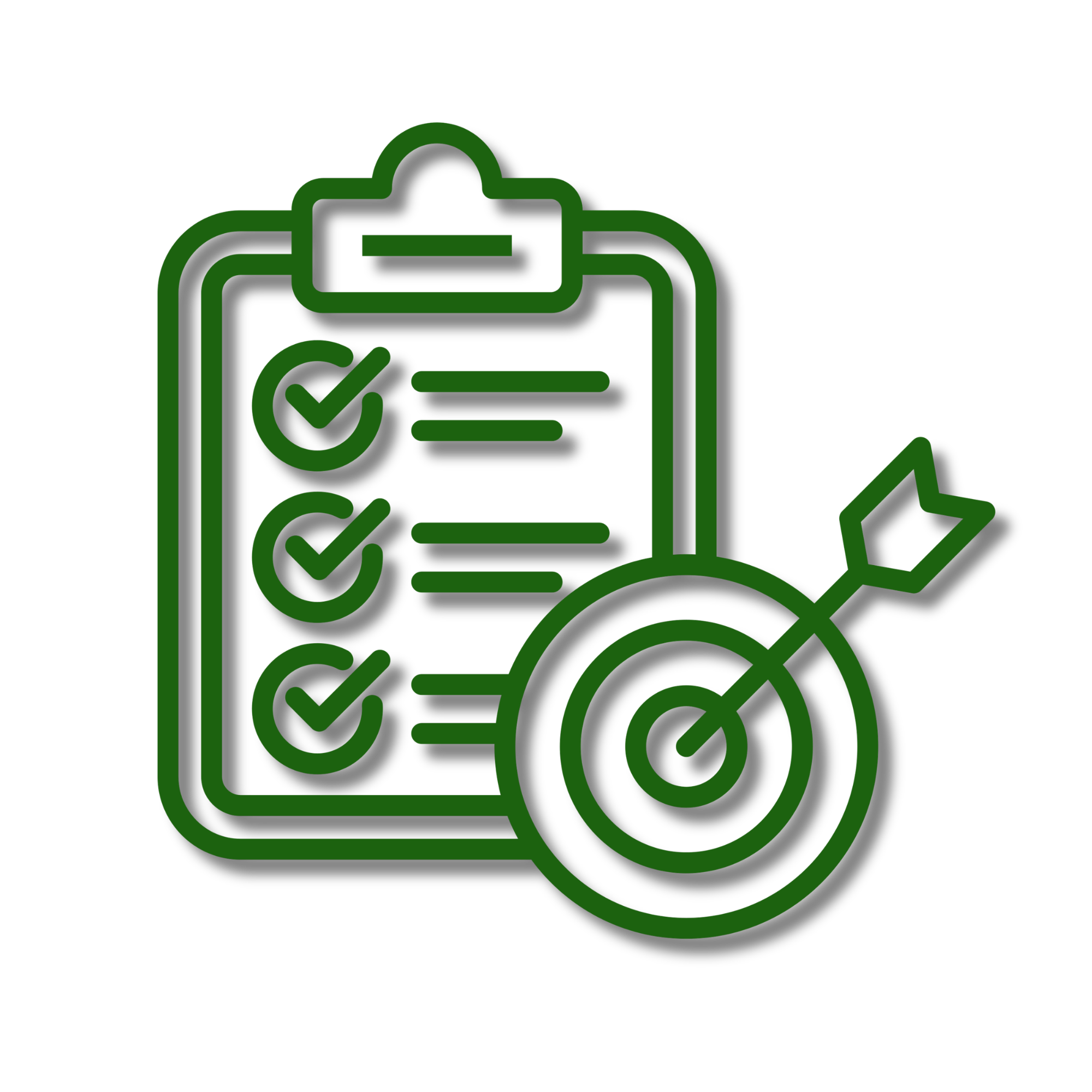 Green outline of a clipboard with checkmarks and a pencil, indicating task completion.
