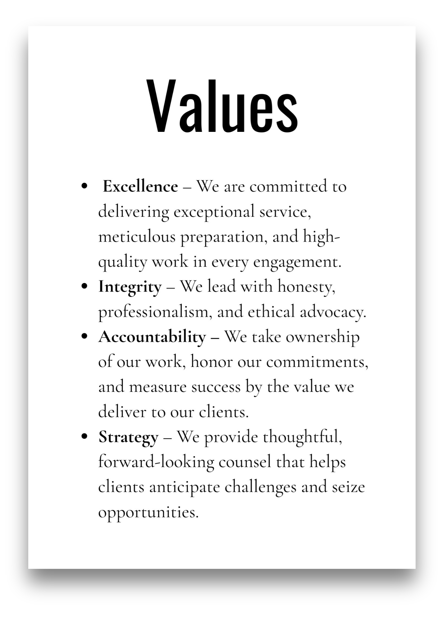 A document page titled "Values" listing commitments such as excellence, integrity, accountability, and strategy with their descriptions.