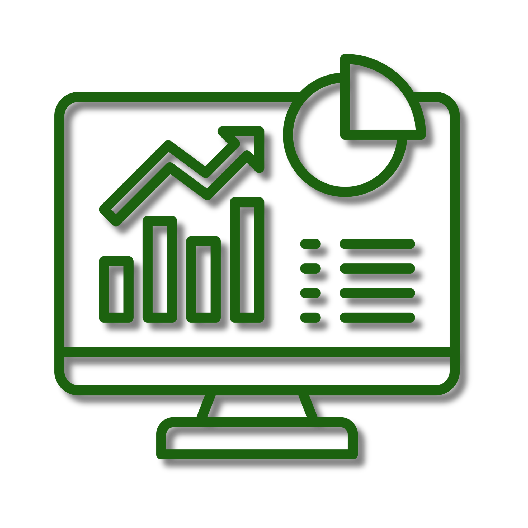 Line graph with upward trending arrow inside a computer screen and a pie chart, all depicted in green outline.