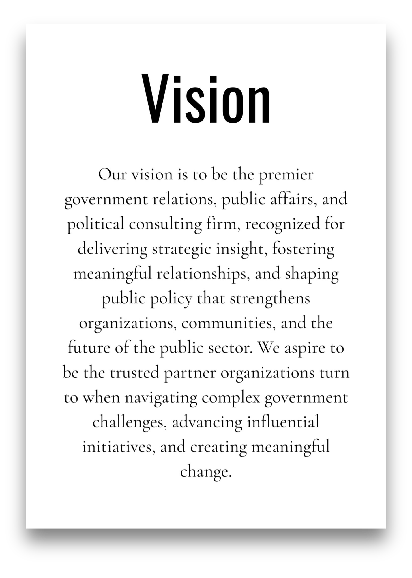 A document titled 'Vision' outlining organizational goals related to government relations, public affairs, and strategic insight, printed on a page with black borders.
