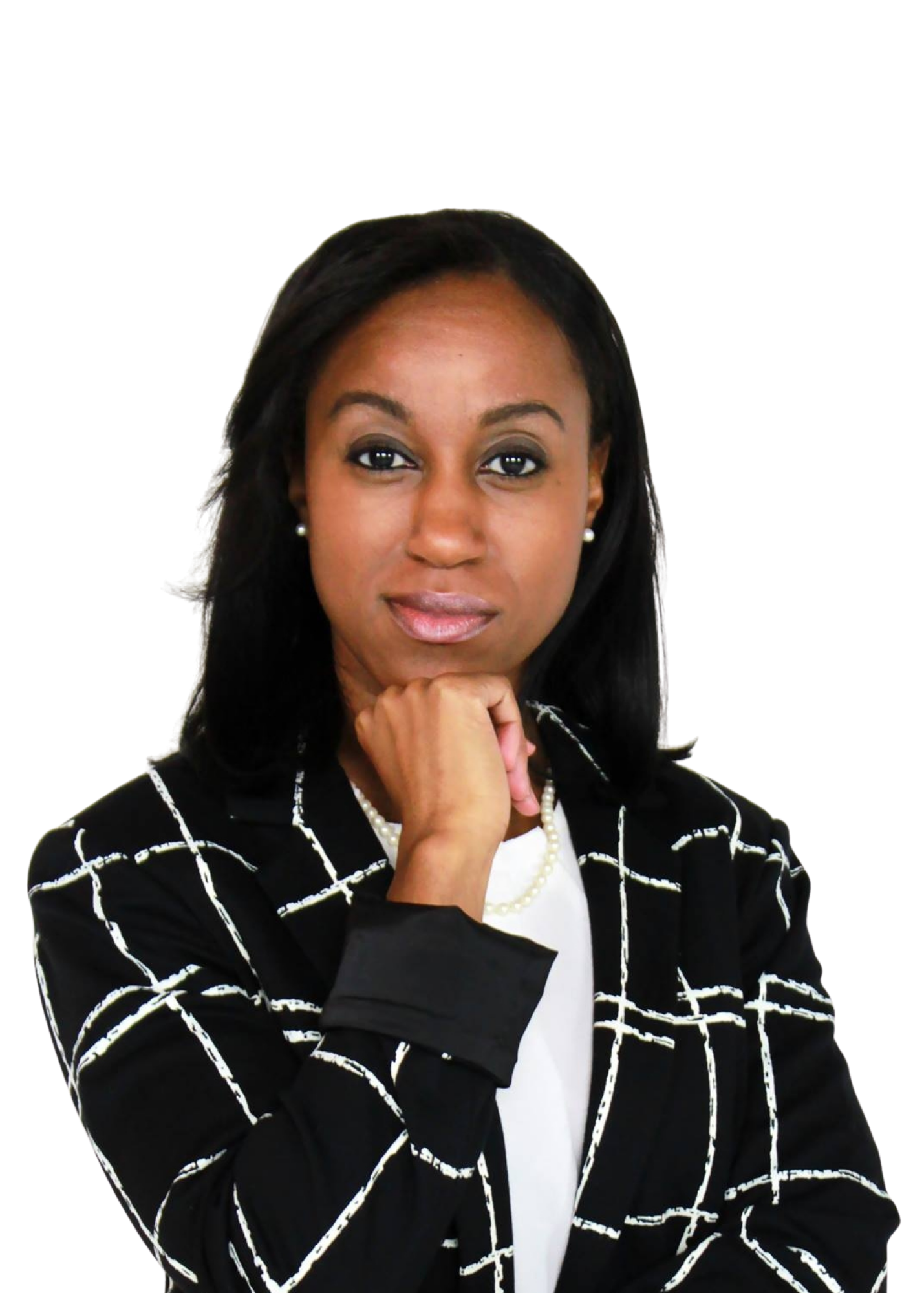 A woman with dark hair, wearing pearl earrings, a pearl necklace, and a black blazer with white grid pattern, is resting her chin on her hand and looking at the camera. She is dressed in professional attire and has a confident expression.