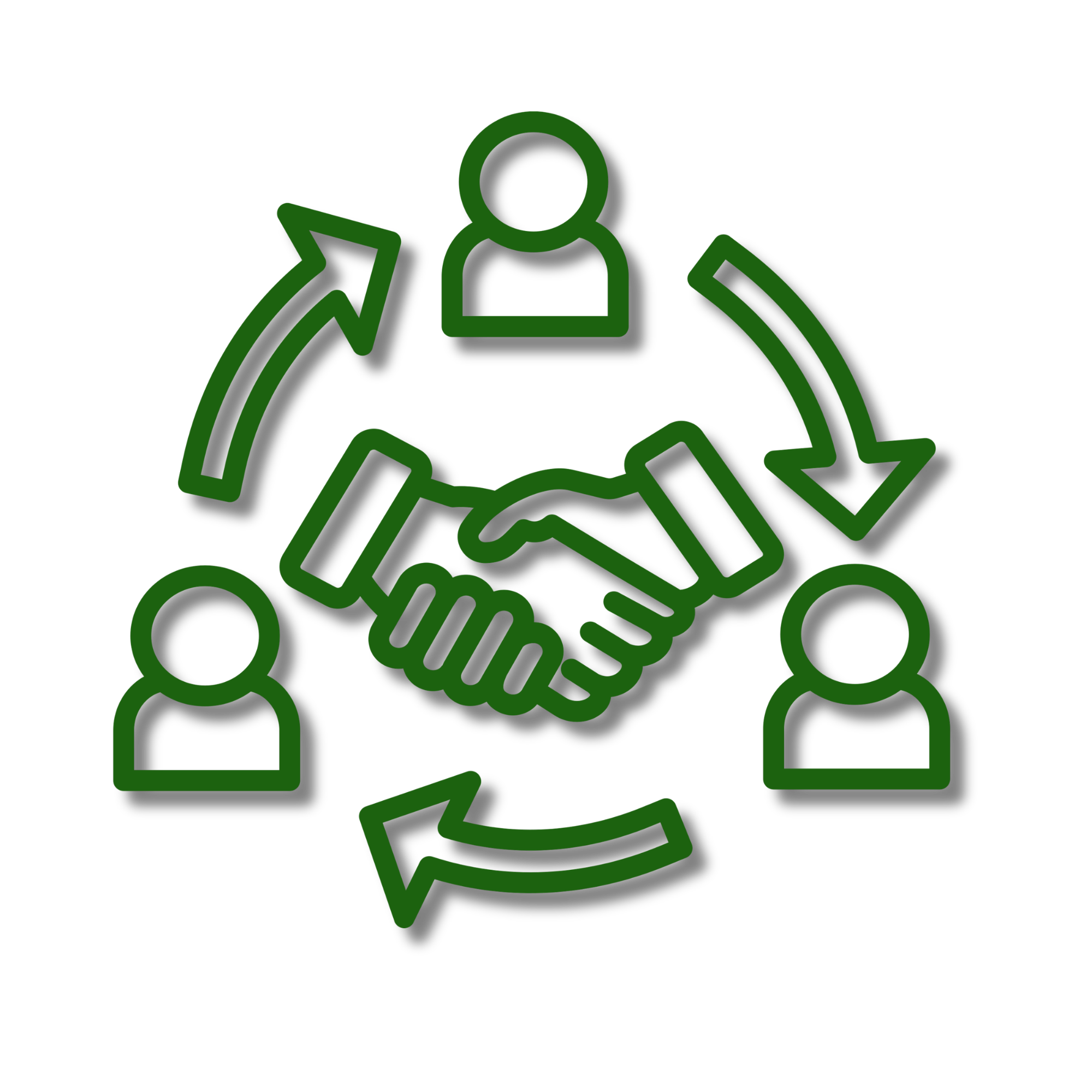 Graphic illustration of a handshake inside a gear surrounded by three person icons, representing teamwork or collaboration.
