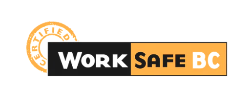 Graphic design featuring the words "Work Safe BC" with each word in a different colored box and a circular logo in the background.