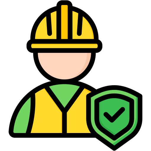 Illustration of a construction worker wearing a yellow safety helmet and vest, with a green shield and checkmark.