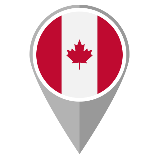 Map marker with Canadian flag design, featuring a red maple leaf in the center.