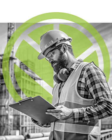 A construction worker wearing a hard hat and safety glasses reviewing plans on a clipboard at a construction site.