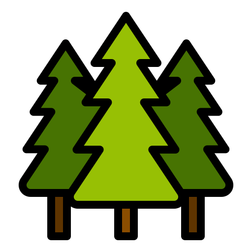 A digital illustration of three evergreen trees on a black background.