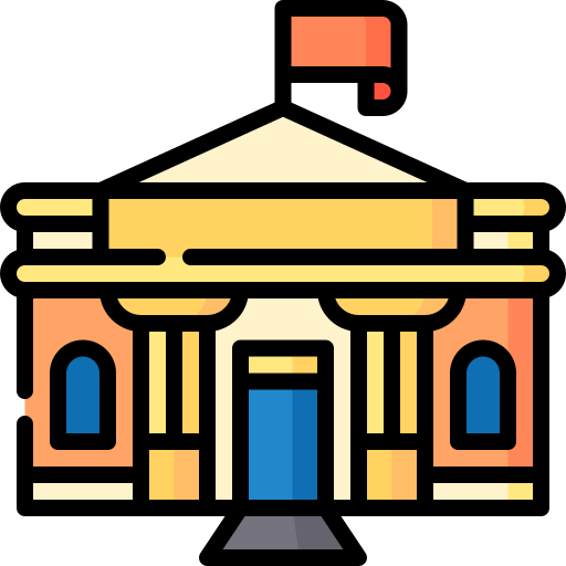 Illustration of a historic courthouse with columns, a gabled roof, and a flag on top.