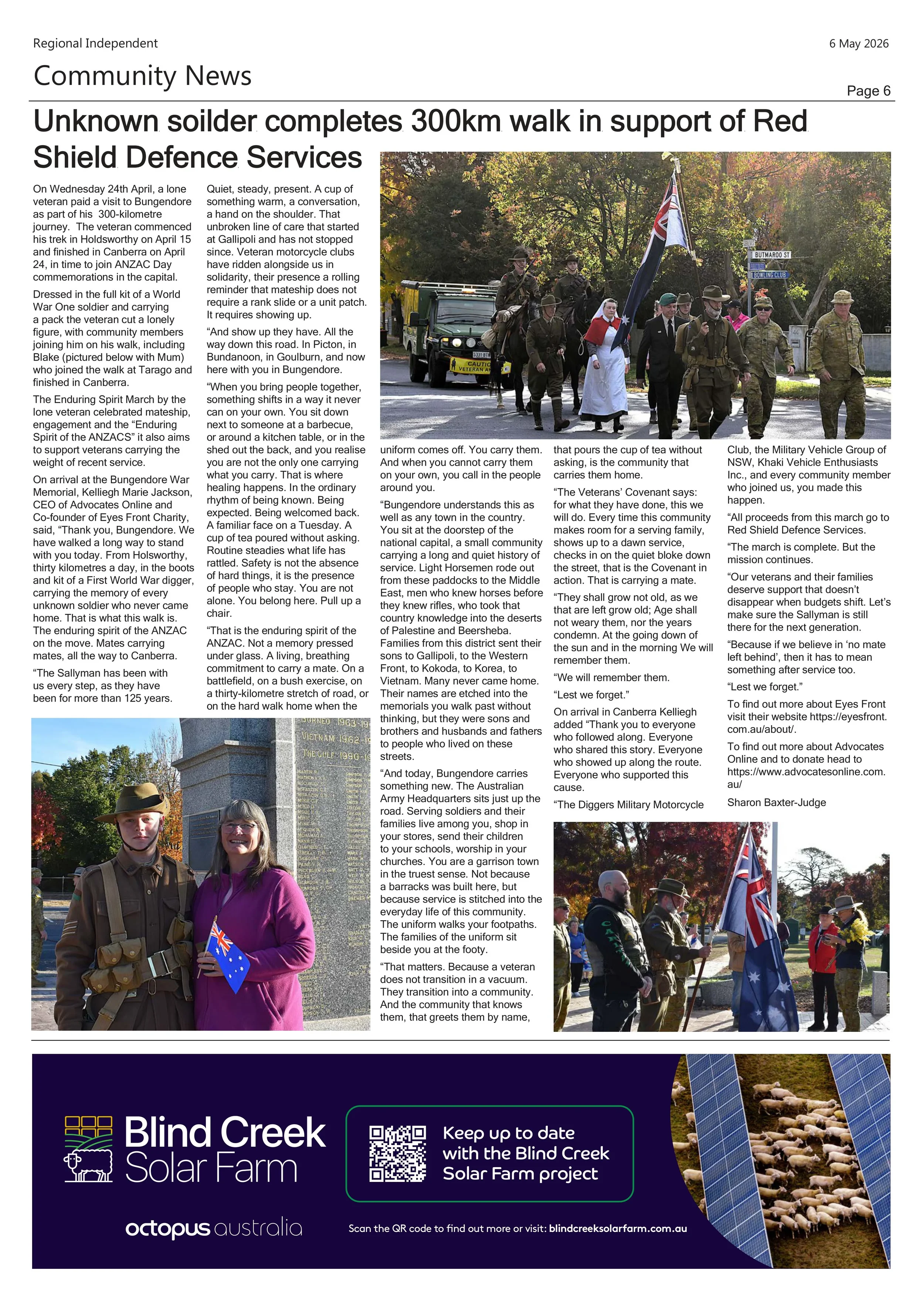 A newspaper page featuring a story about a veteran completing a 300km walk supporting Red Shield Defence Services. The page includes a photo of veterans and community members marching, some in military uniforms, carrying flags, and walking through trees. Additional smaller photos show individuals and memorial sites, with an advertisement for Blind Creek Solar Farm at the bottom.