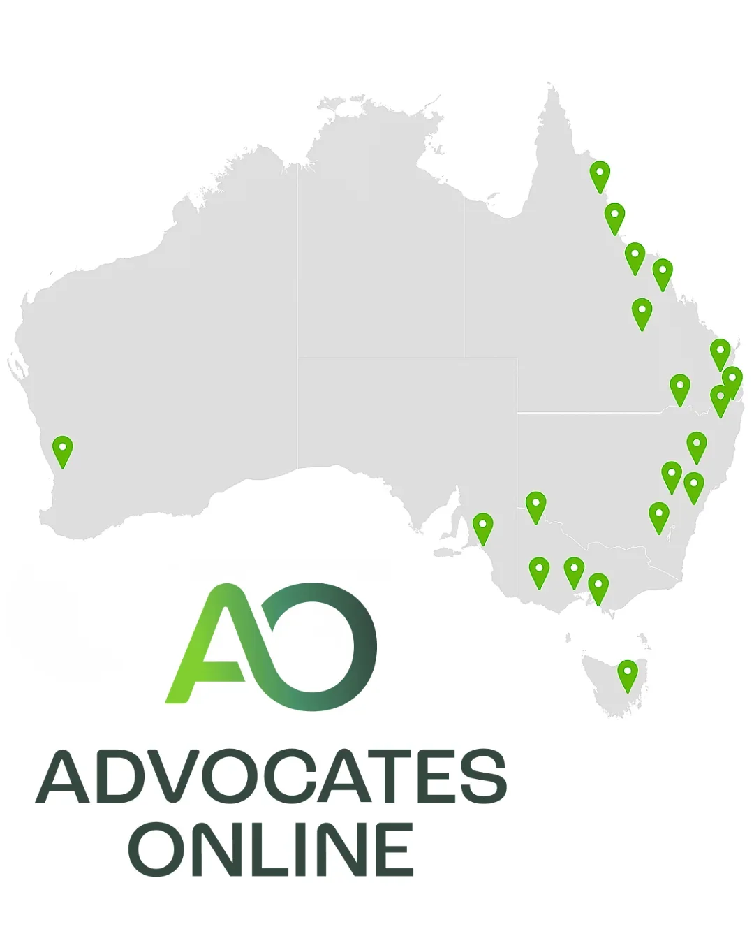 Map of Australia with green location markers across the country and the words 'Advocates Online' written across the map.