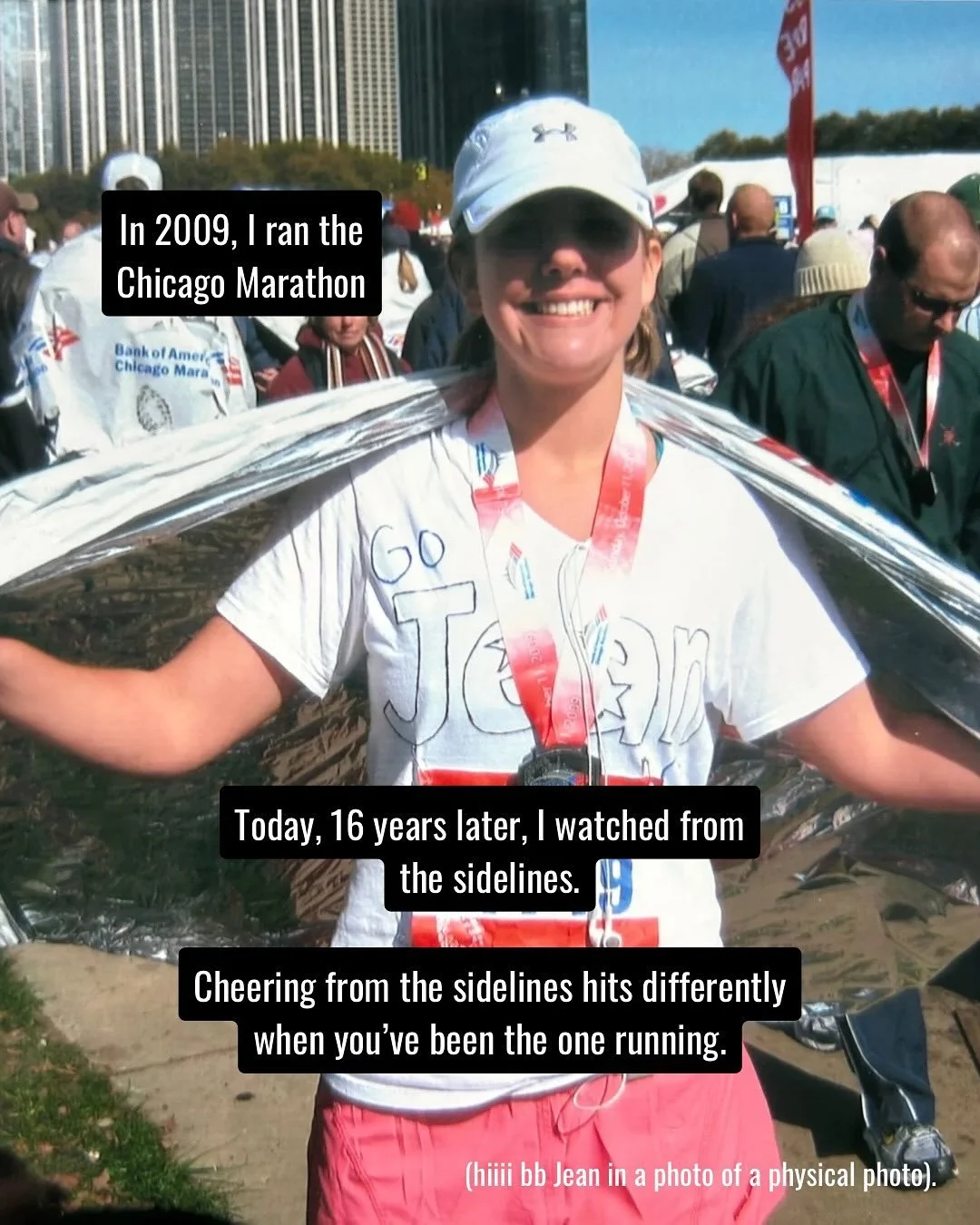 Cheering from the sidelines hits differently when you&rsquo;ve been the one running.

In 2009, I ran the Chicago Marathon.
This year, I cheered, sixteen years later, from the sidelines.

Back then, running was how I coped.
It gave me structure, confi