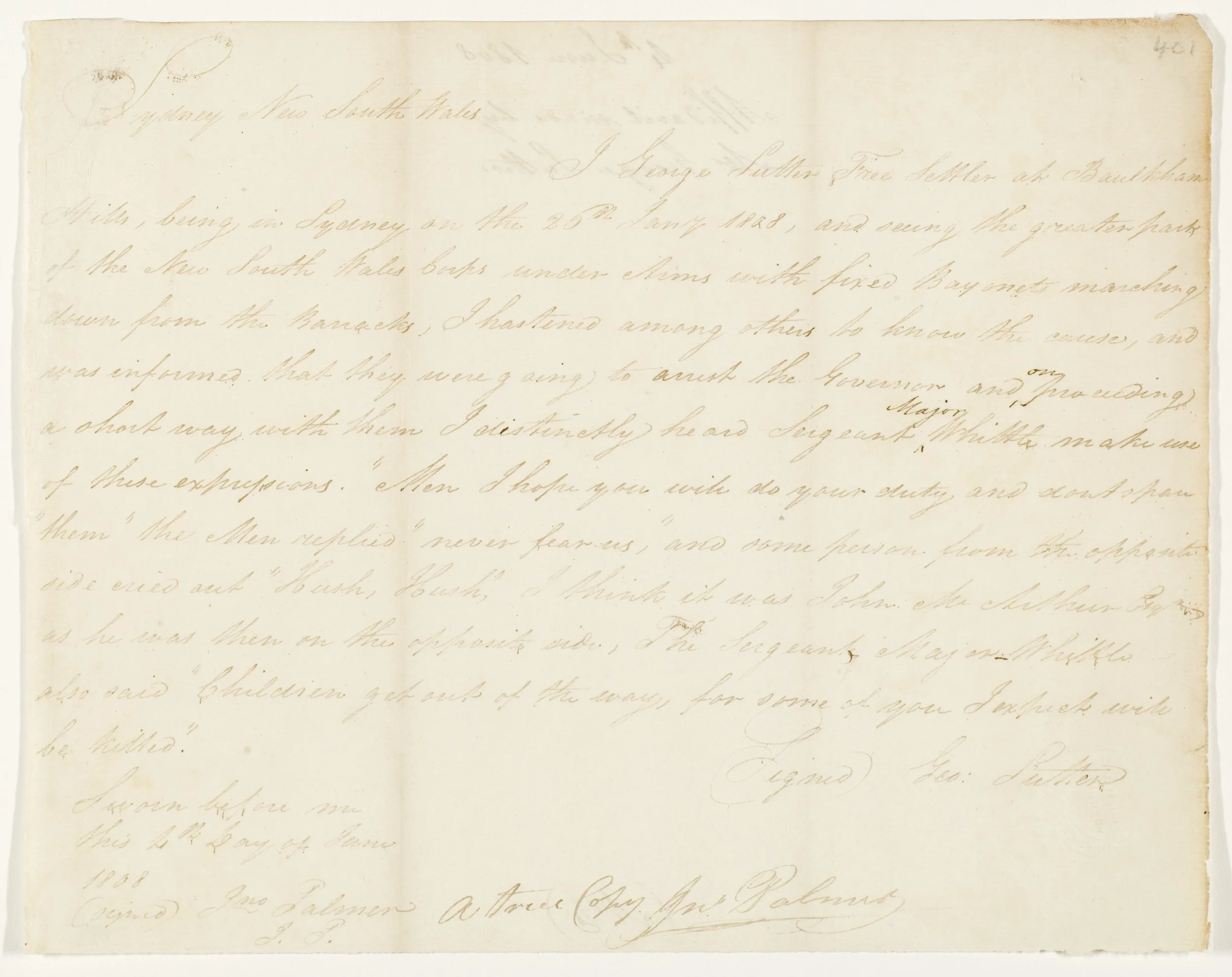 Affidavit made by George Suttor, Regarding the "Rum Rebellion" - 4th June, 1808