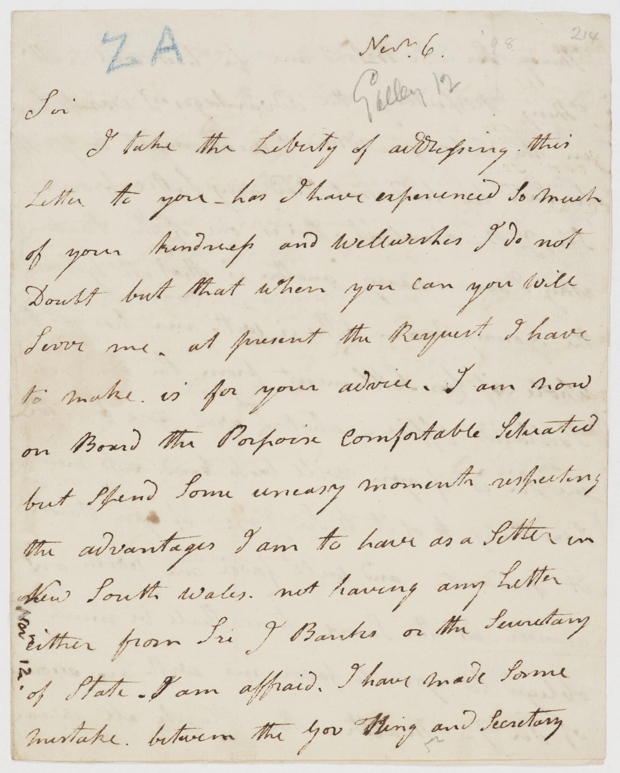 Letter received by William Townsend Aiton from George Suttor, 6th November, 1798