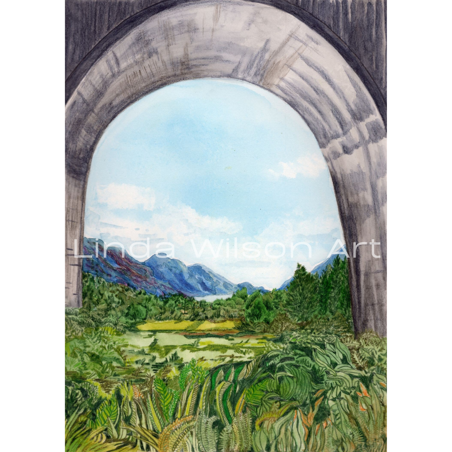 ‘Under the Glenfinnan Viaduct’ - Watercolour & Inktense Pencil on paper - image 20cm x 28cm on A4 paper - Private Collection.