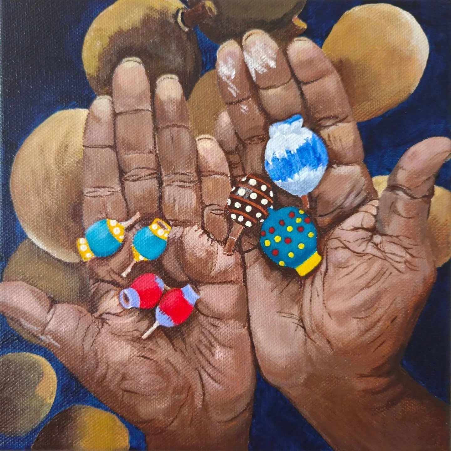 My friendship with Barbara Bear from Mowanjum began around 10 years ago. This painting called 'Barbie's Gumnuts' was inspired by a photo I took when we were spending time together at my house creating gumnut jewellery.
This 20 x 20 x 3.5cm acrylic on