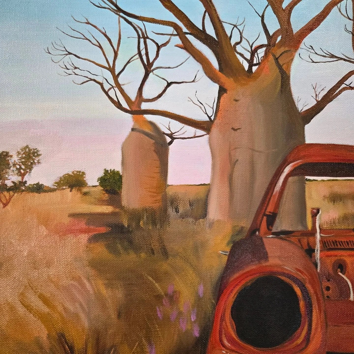 A little update on this one. Getting so close to finishing this 60 x 60cm oil painting of one of the rusty old cars out at old Mowanjum on the edge of the Derby marsh. I hope you love it as much as I do. 🧡💜 This one is heading for my exhibition at 