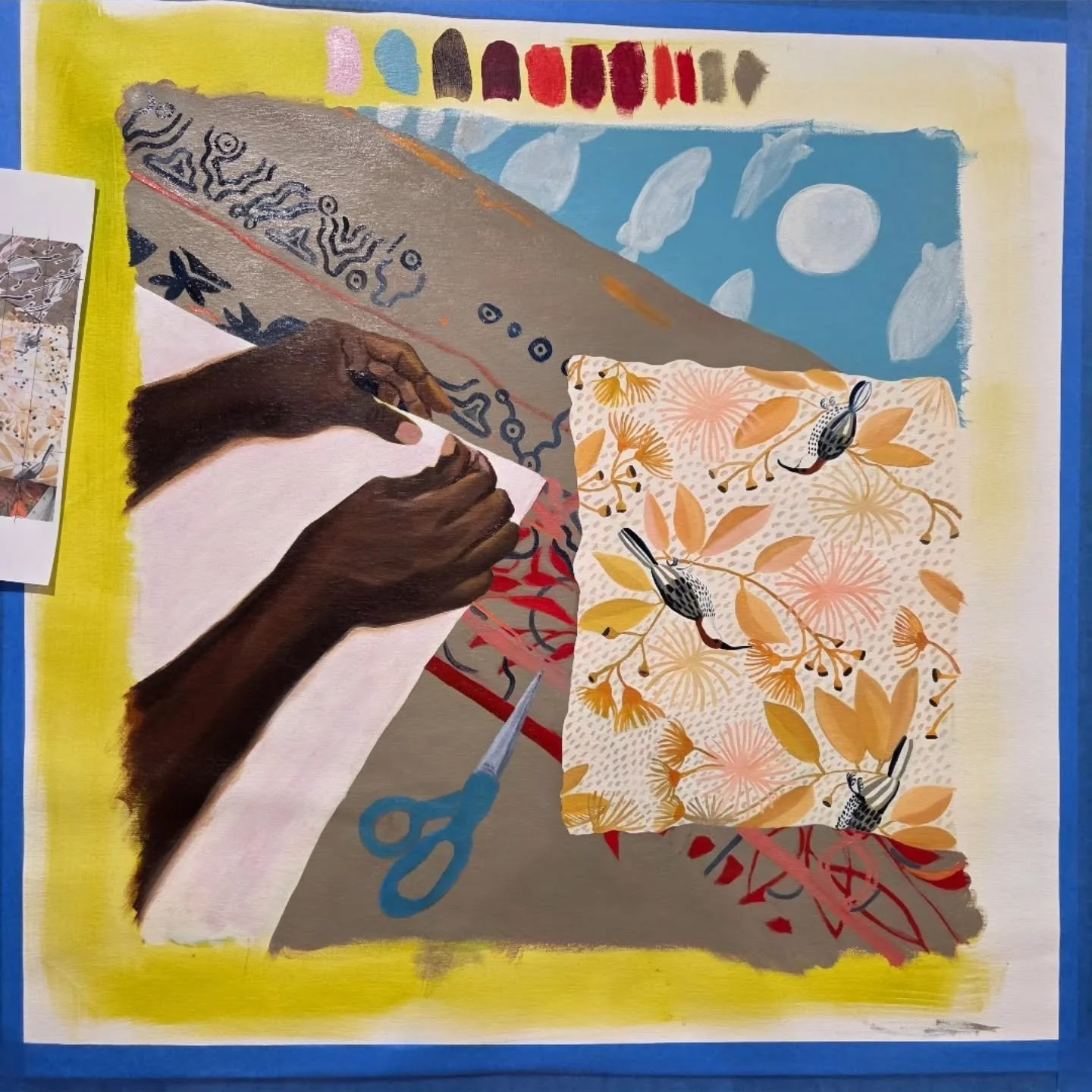 My current work in progress was inspired by the beautiful sewing projects going on at Dunyji Jarndu women's centre where I've been going each Thursday morning. 🧵🪡

About halfway through with this oil on 60cm x 60cm canvas.