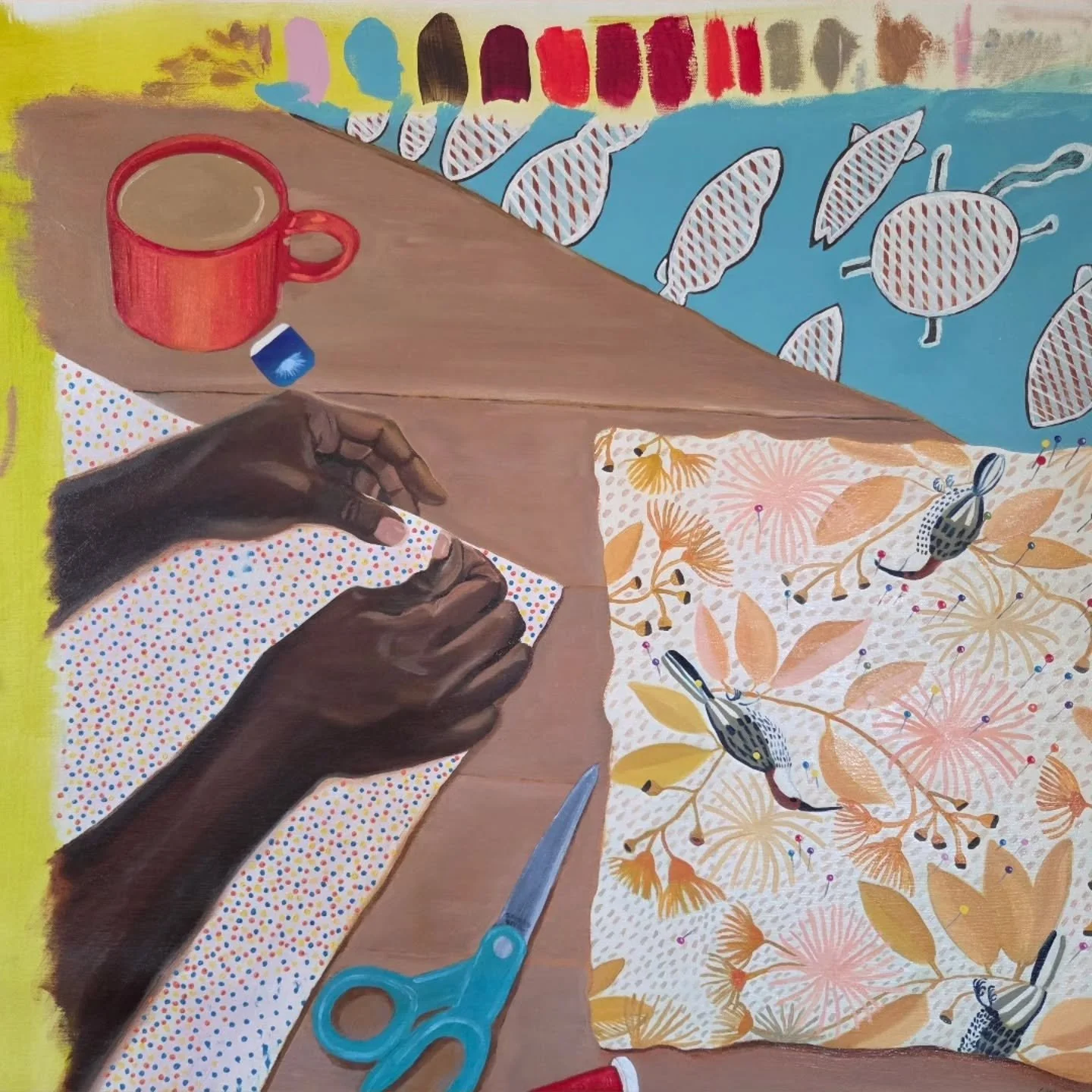 Still developing with adding colours and features to this artwork of sewing in Derby. ❤️🧡🧵🪡🎨