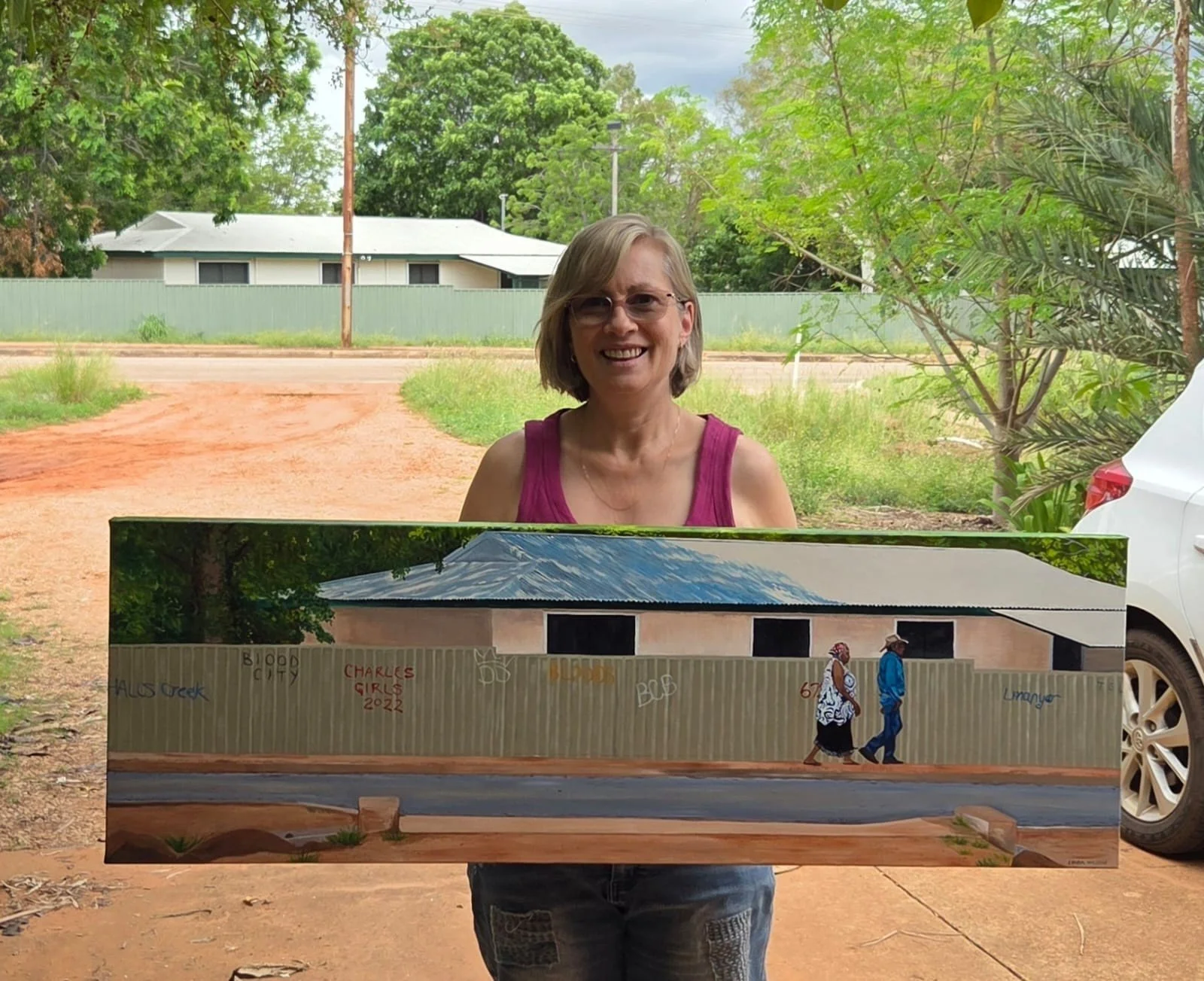 'Walking to Woolies' is still somewhere between Derby, WA and Sydney, NSW. It was chosen along with 44 other paintings by the National Emerging Art Prize panel to be exhibited at the Garden Gallery in the Sydney Botanical Garden from 29 Oct - 11 Nov 