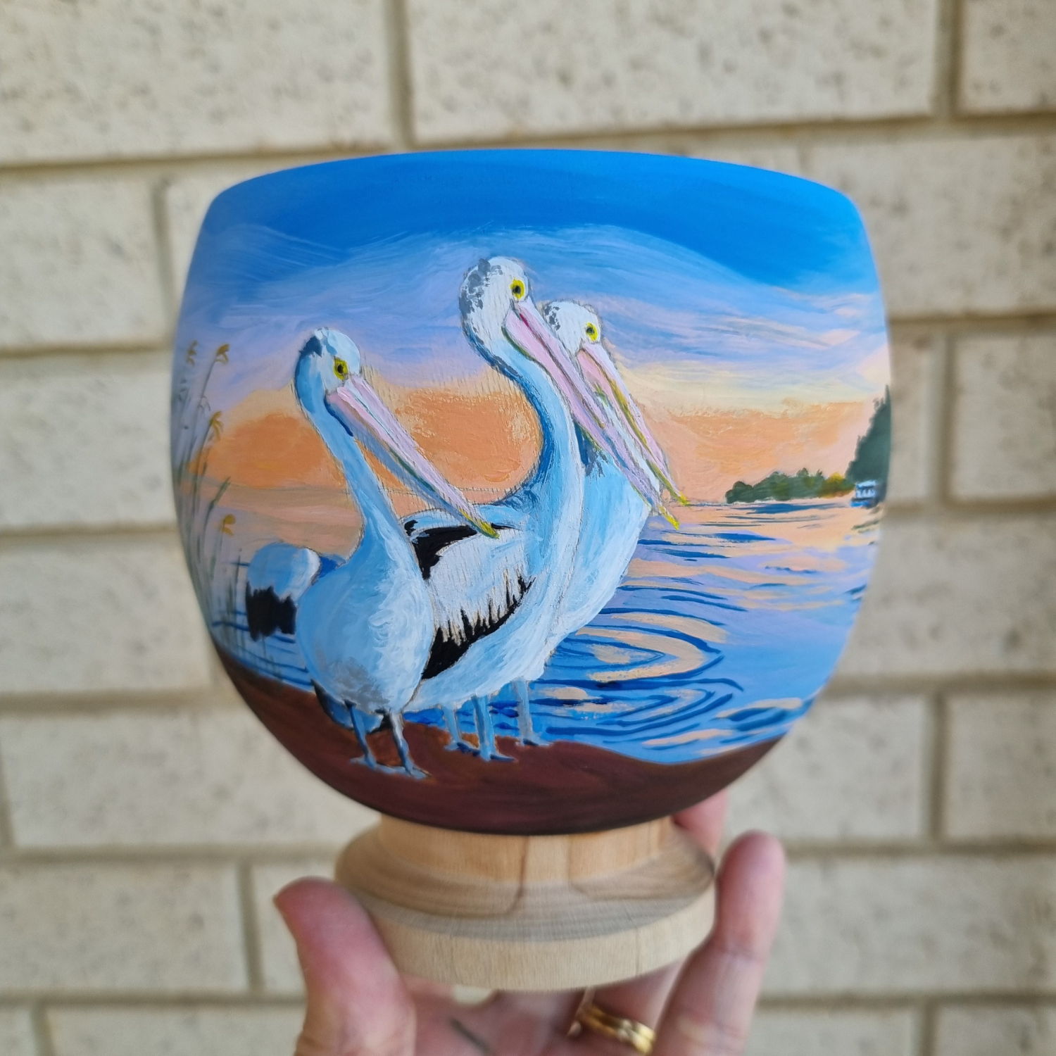 Pelicans on the Water - Acrylic on Wooden Bowl - Private Collection.