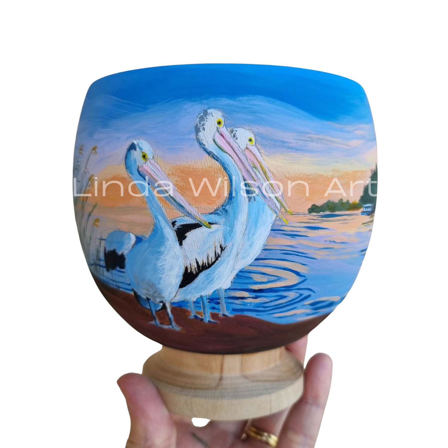 Pelicans on the Water - Acrylic on Wooden Bowl - Private Collection.