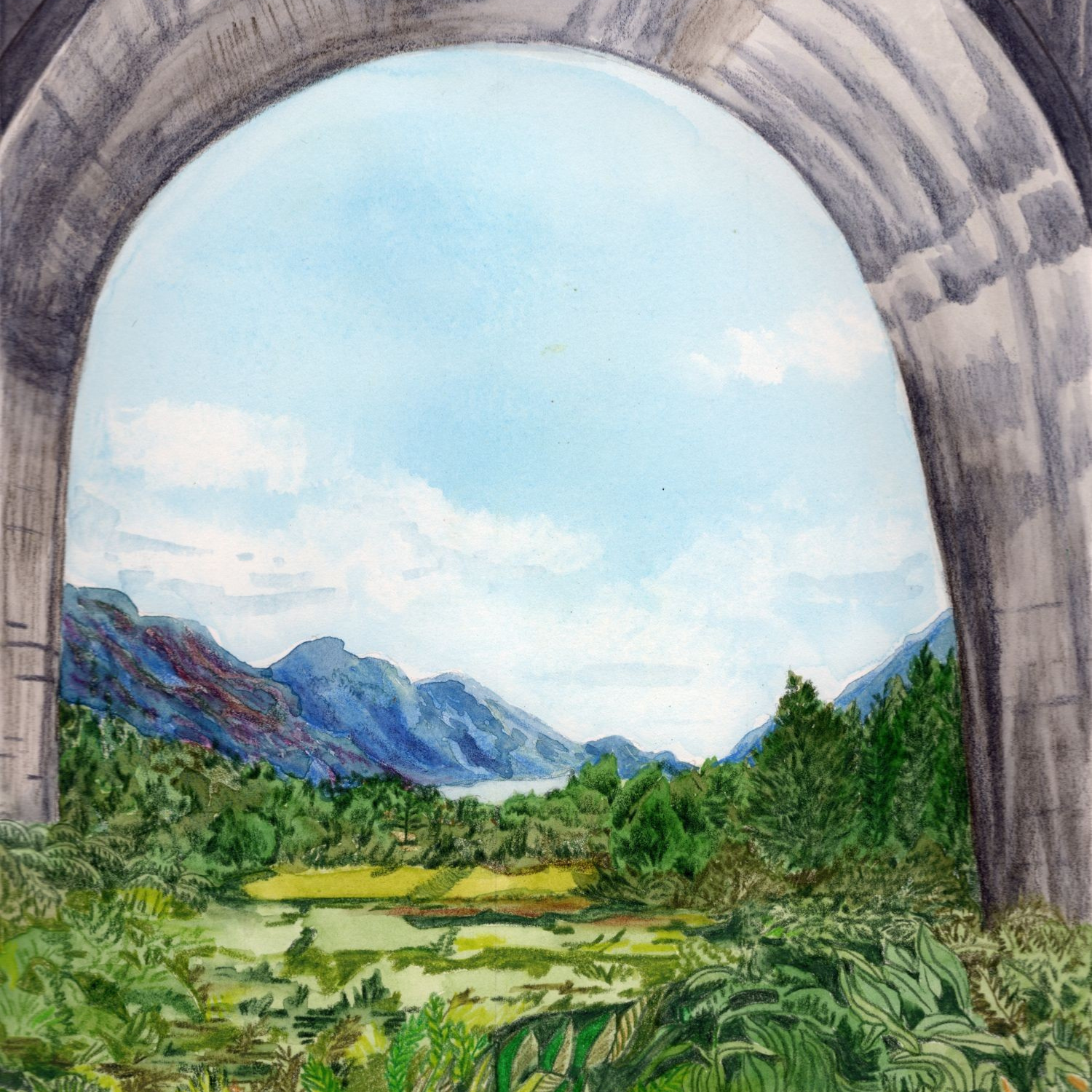 ‘Under the Glenfinnan Viaduct’ - Watercolour & Inktense Pencil on paper - image 20cm x 28cm on A4 paper - Private Collection.