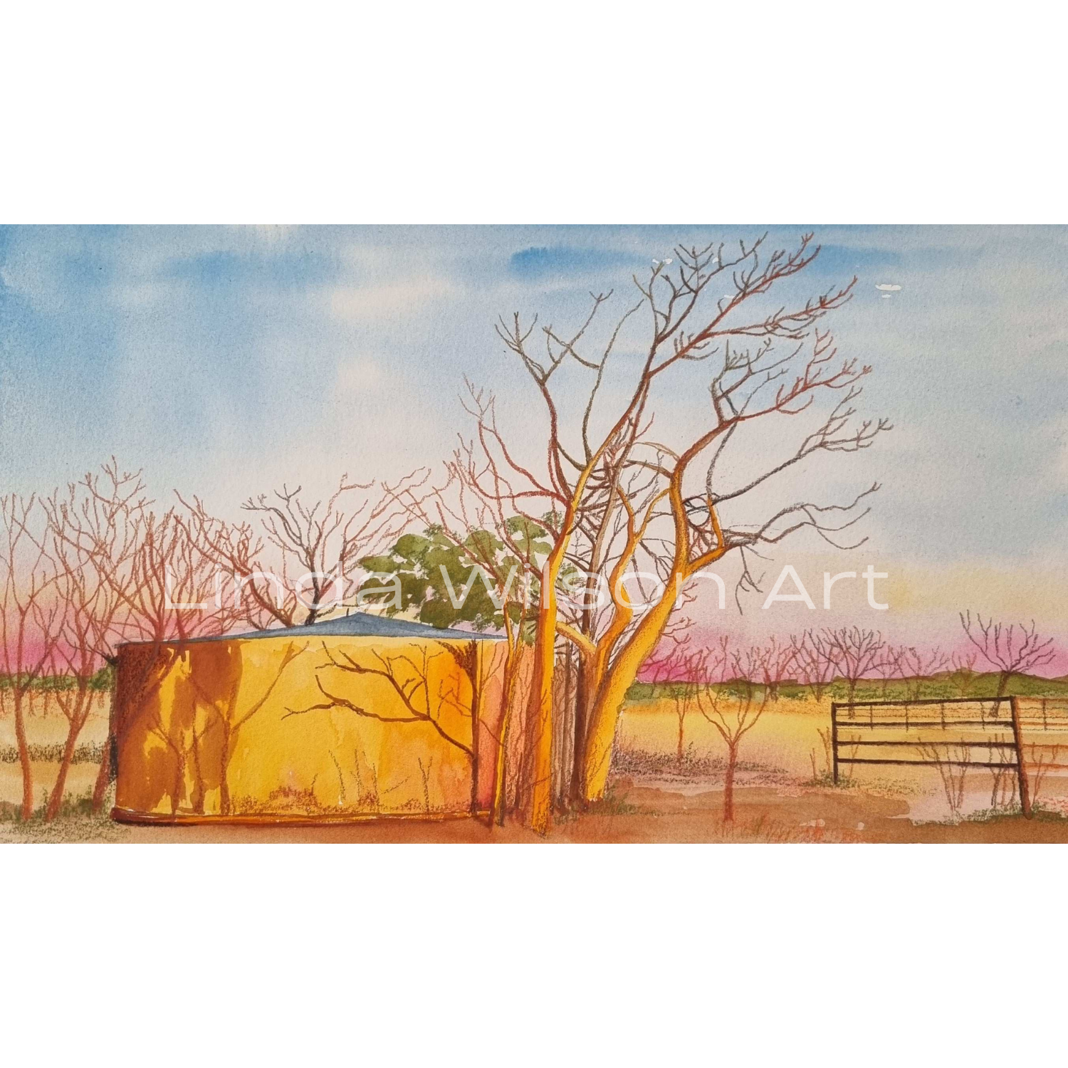 ‘Golden Glow at Cattleyards’ - Watercolour & Inktense Pencils on Paper (Commissioned).