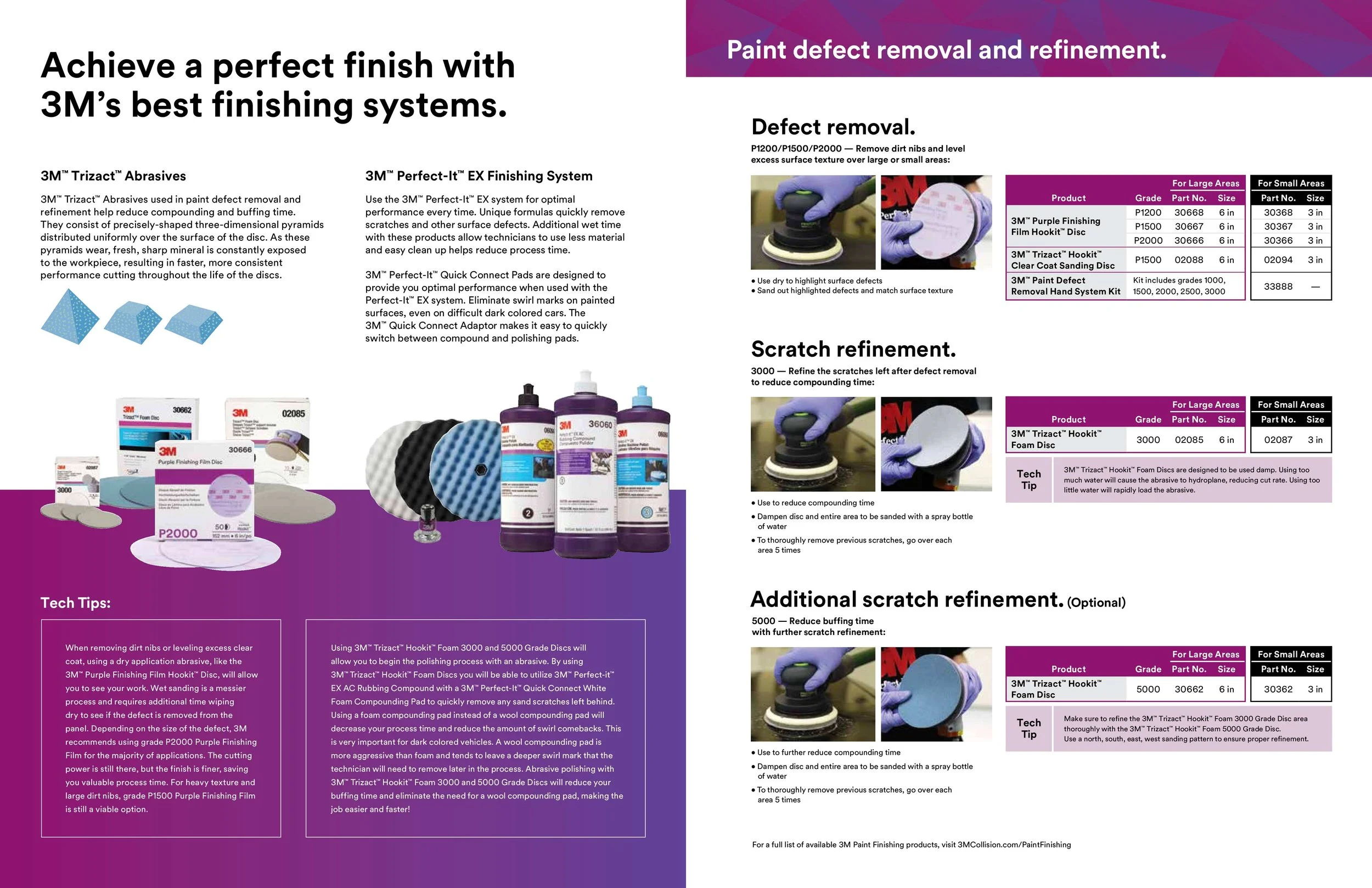 Page from a 3M paint finishing catalog showing products and techniques for defect removal and surface refinement, including abrasive discs, polishing compounds, and finishing systems.