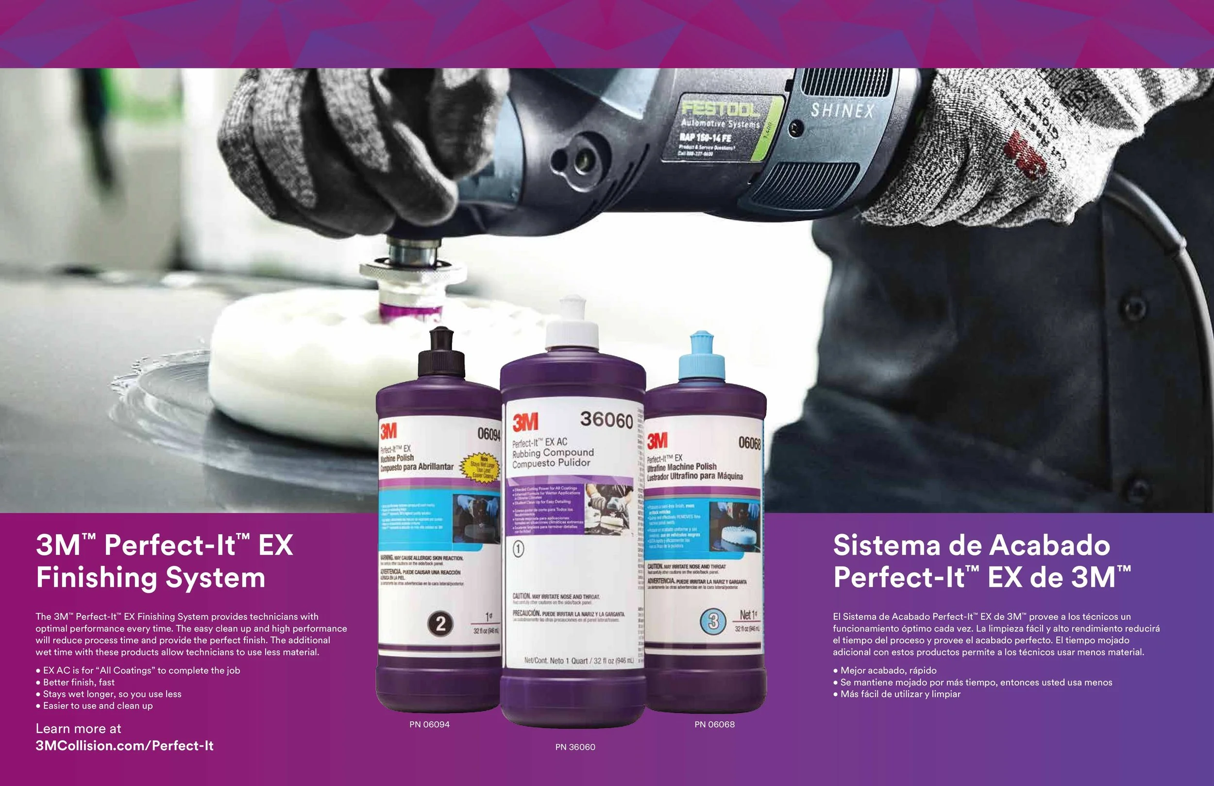 The image shows a technician using a power tool on a car part, with three bottles of 3M Perfect-It EX Finishing System products in the foreground. The bottles are labeled with product information, and the background includes a purple and geometric de