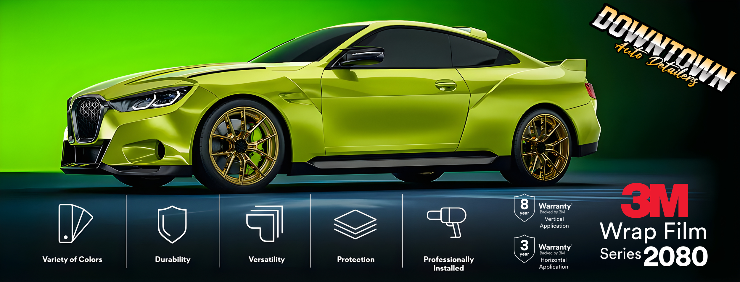 A vibrant lime green sports car with gold rims displayed in a studio setting with a green and black background. The image promotes 3M Wrap Film Series 2080, highlighting features like variety of colors, durability, versatility, protection, professional installation, and warranties.