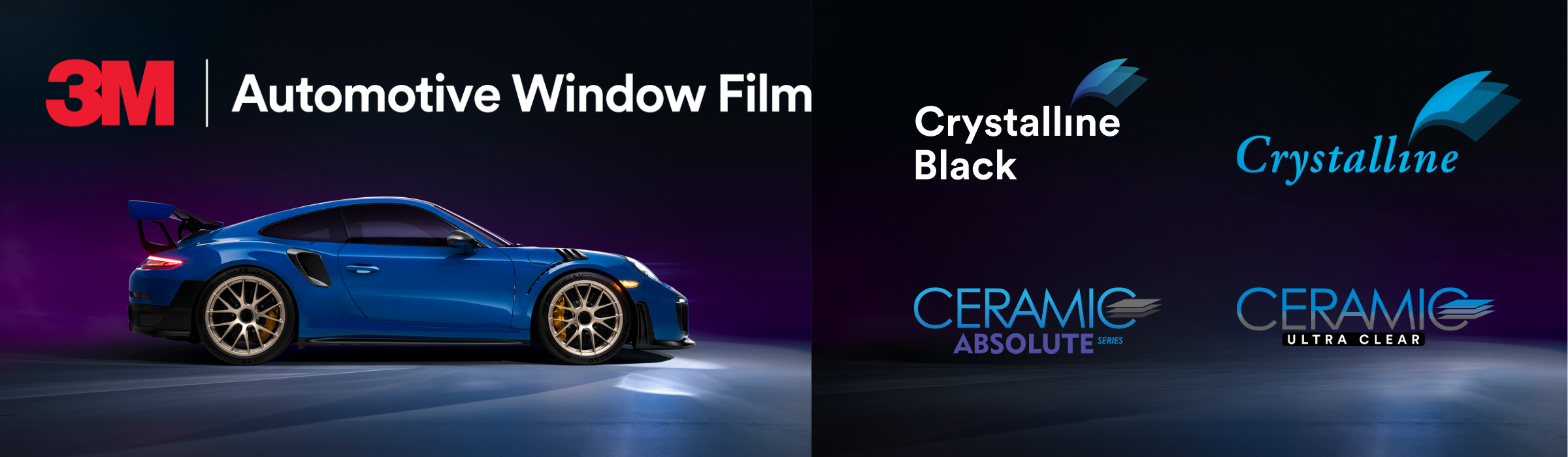 Blue sports car with black accents and a large rear spoiler, showcasing 3M automotive window film options including Crystalline Black and Ceramic Ultra Clear.