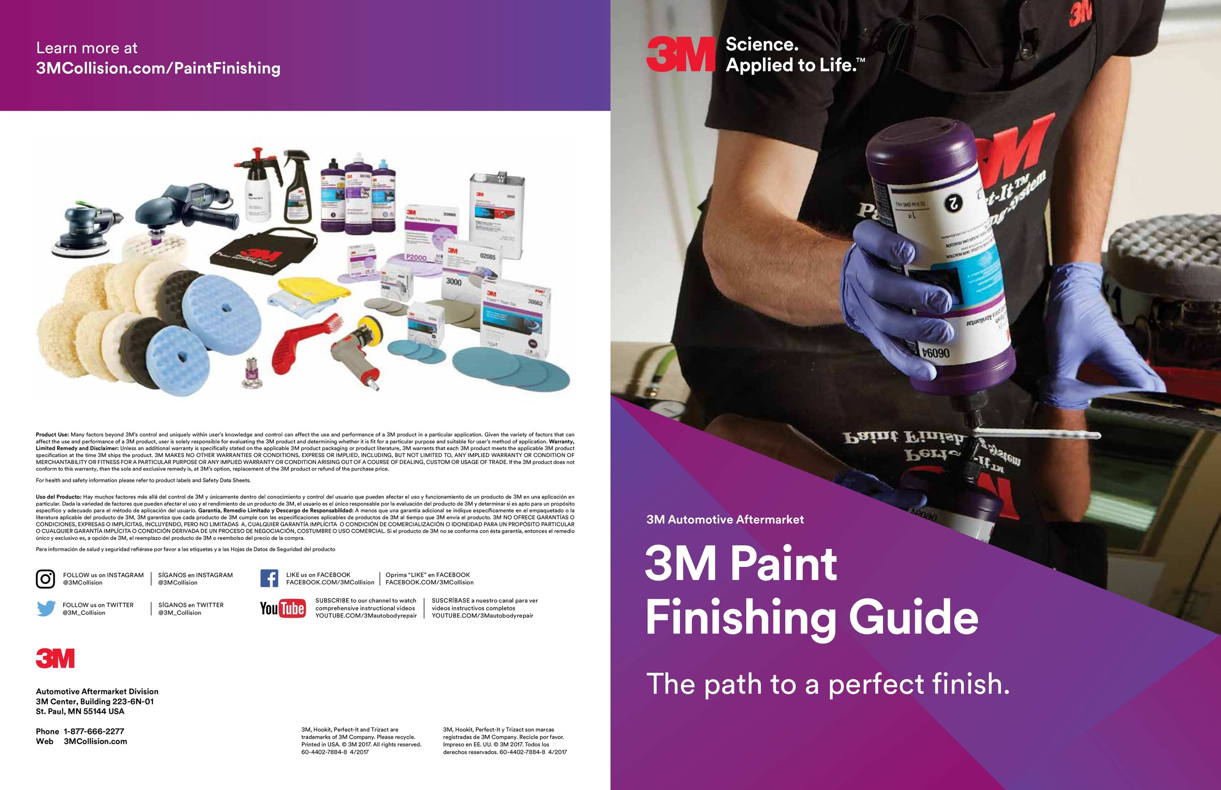 Cover of a 3M paint finishing guide featuring various polishing tools, cleaning supplies, and foam pads on the left side, and a person in gloves applying 3M paint product with a drill on the right side, with purple and black branding and informationa