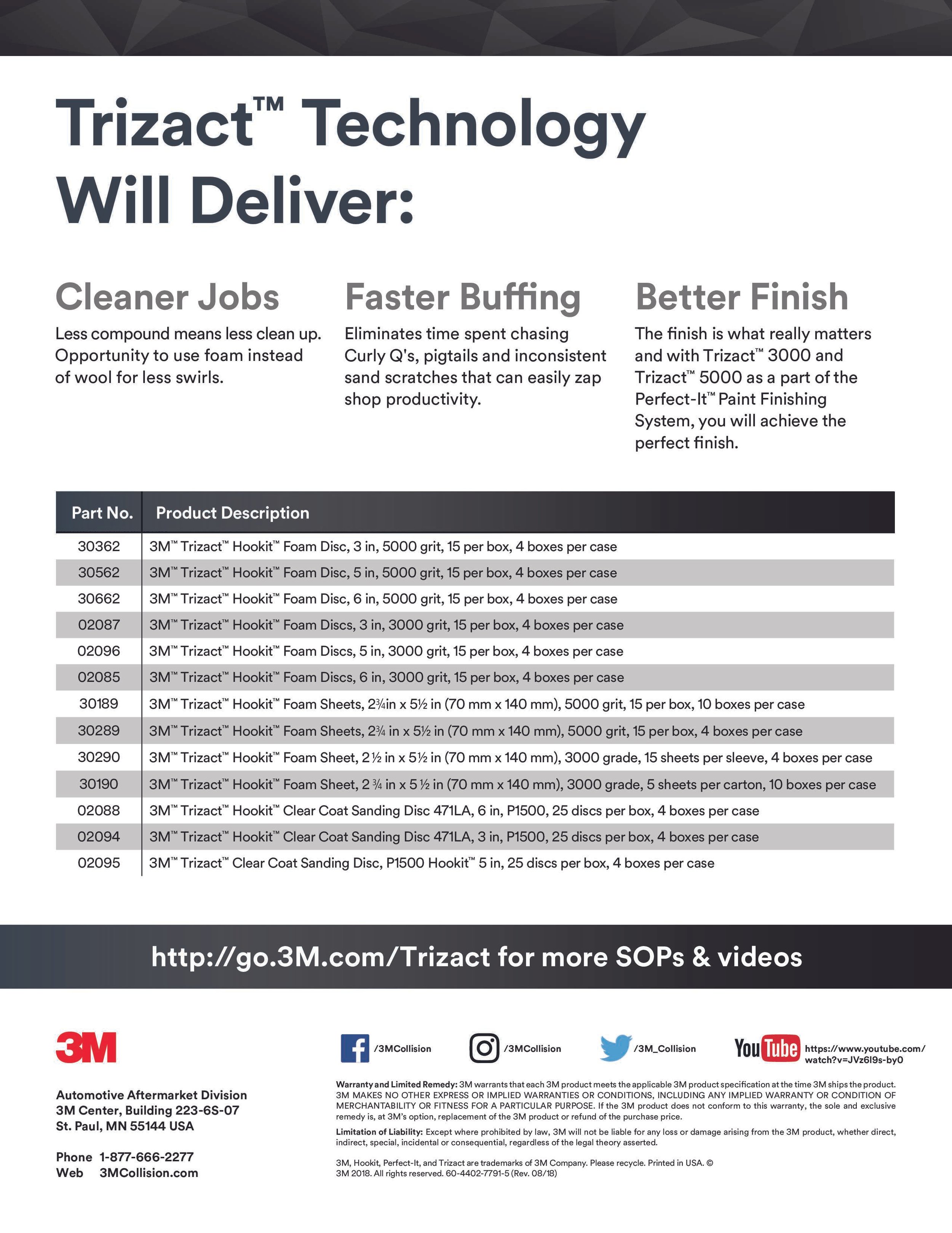 Product specifications and contact information for 3M Trizact Foam Discs and Sheets, including part numbers, grit sizes, dimensions, and packaging details, with logos of 3M and social media links at the bottom.